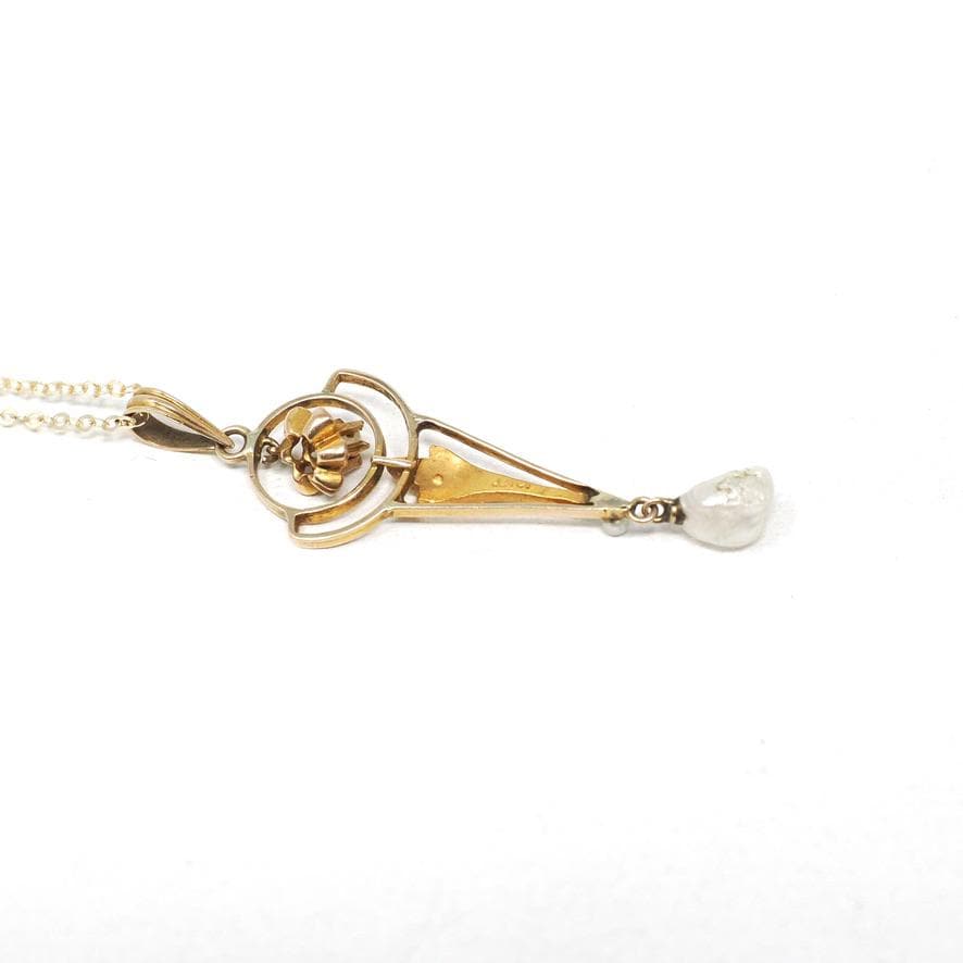 Antique Pearl Lavalier - Edwardian 10k Yellow Gold Natural Gemstone Baroque Seed Pearl Pendant Necklace - Circa 1910s Era Charm Fine Jewelry