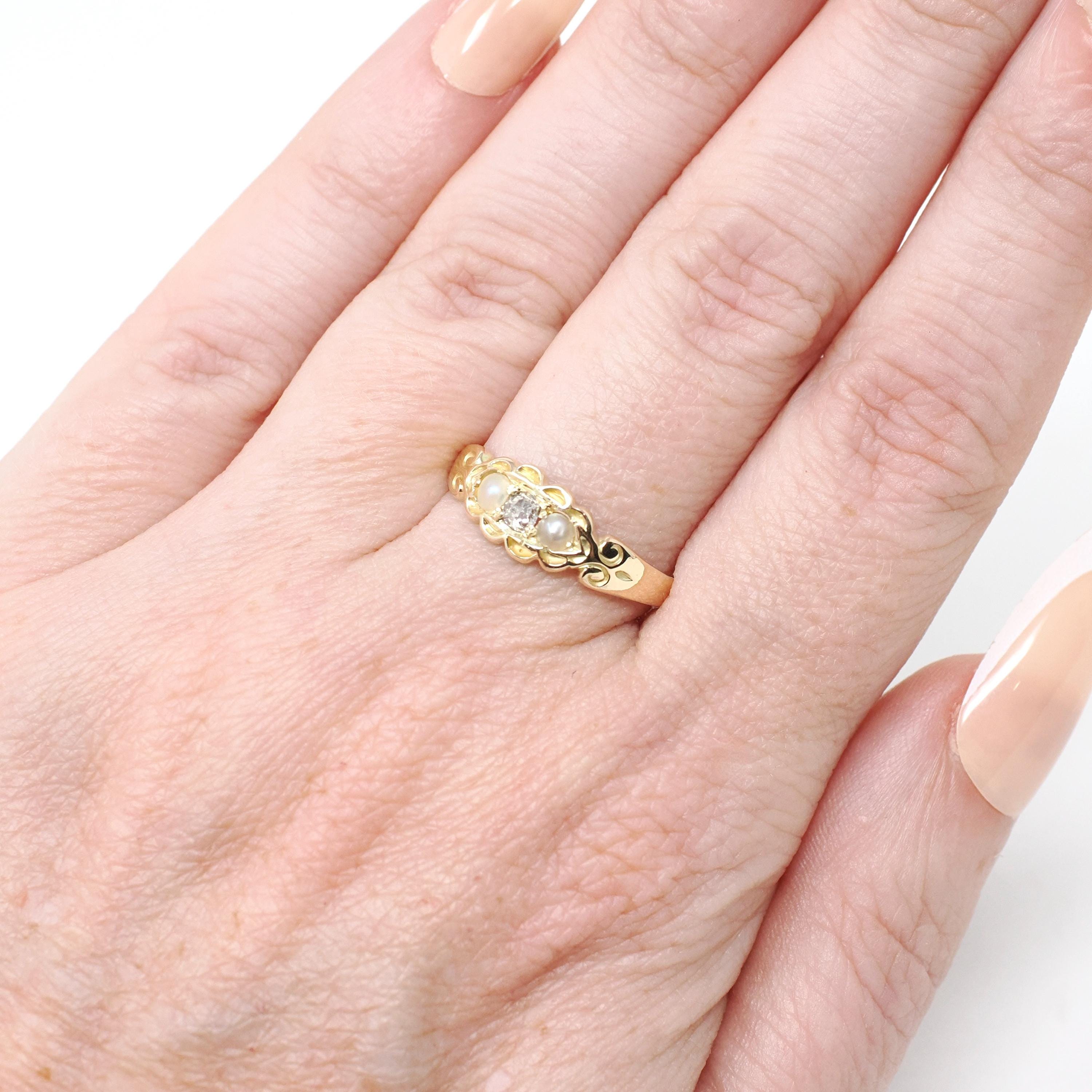 Diamond & Pearl Ring - Art Deco 15k Yellow Gold .09 CT Old Mine Cut - Hallmarked 1935 Birmingham England Size 6 3/4 Fine Statement Jewelry
