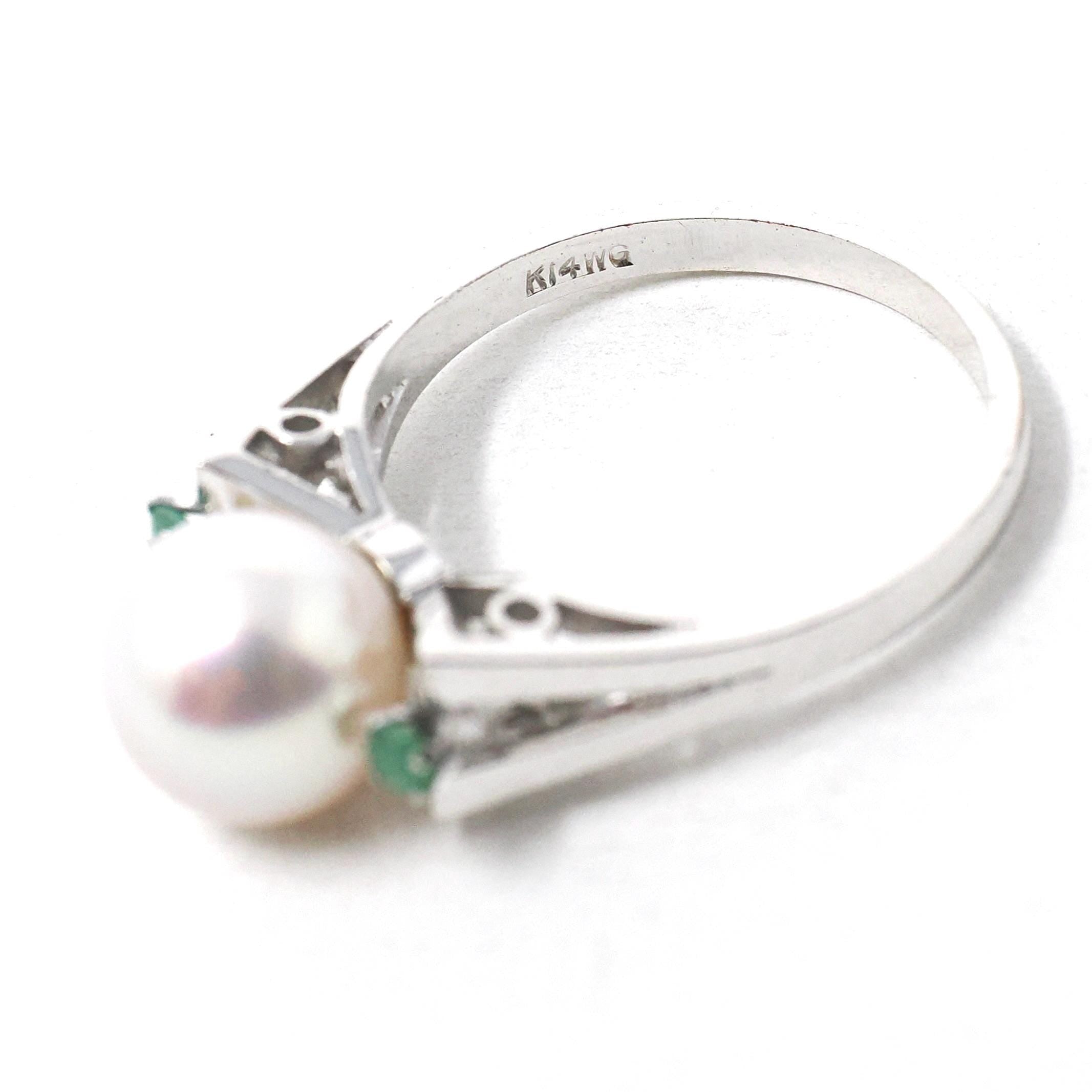 Pearl & Emerald Ring - Estate 14k White Gold Cultured Organic Gemstone Natural Green Accents - Modern Era Size 5 3/4 Fine Statement Jewelry
