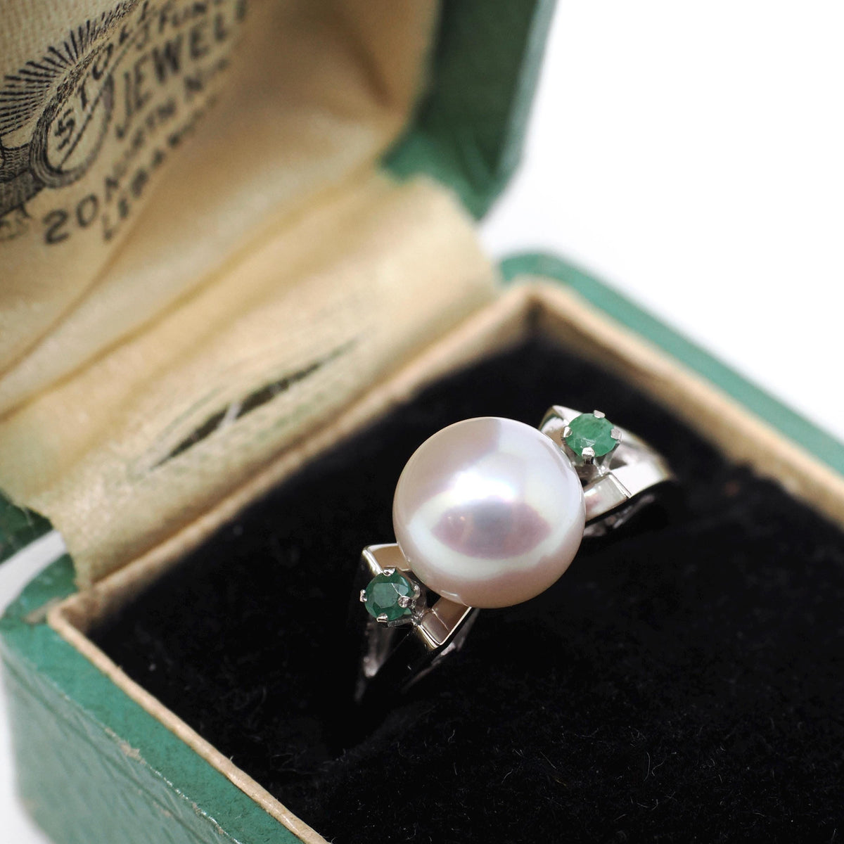 Pearl & Emerald Ring - Estate 14k White Gold Cultured Organic Gemstone Natural Green Accents - Modern Era Size 5 3/4 Fine Statement Jewelry