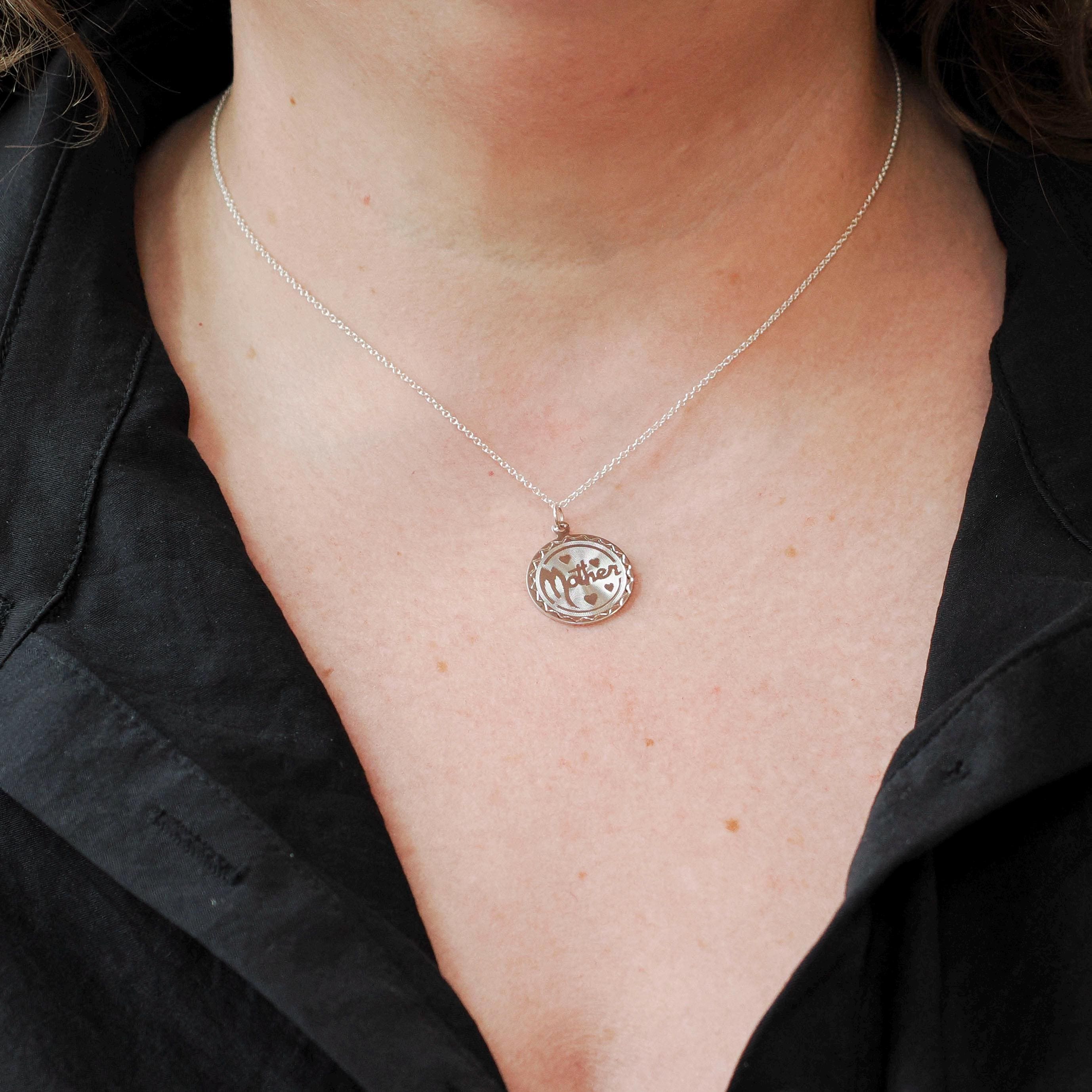 Vintage Mother Necklace - Retro Sterling Silver Round Hearts Charm Pendant - Circa 1970s Era Mom Love Token Mothers Day Gift 70s Jewelry