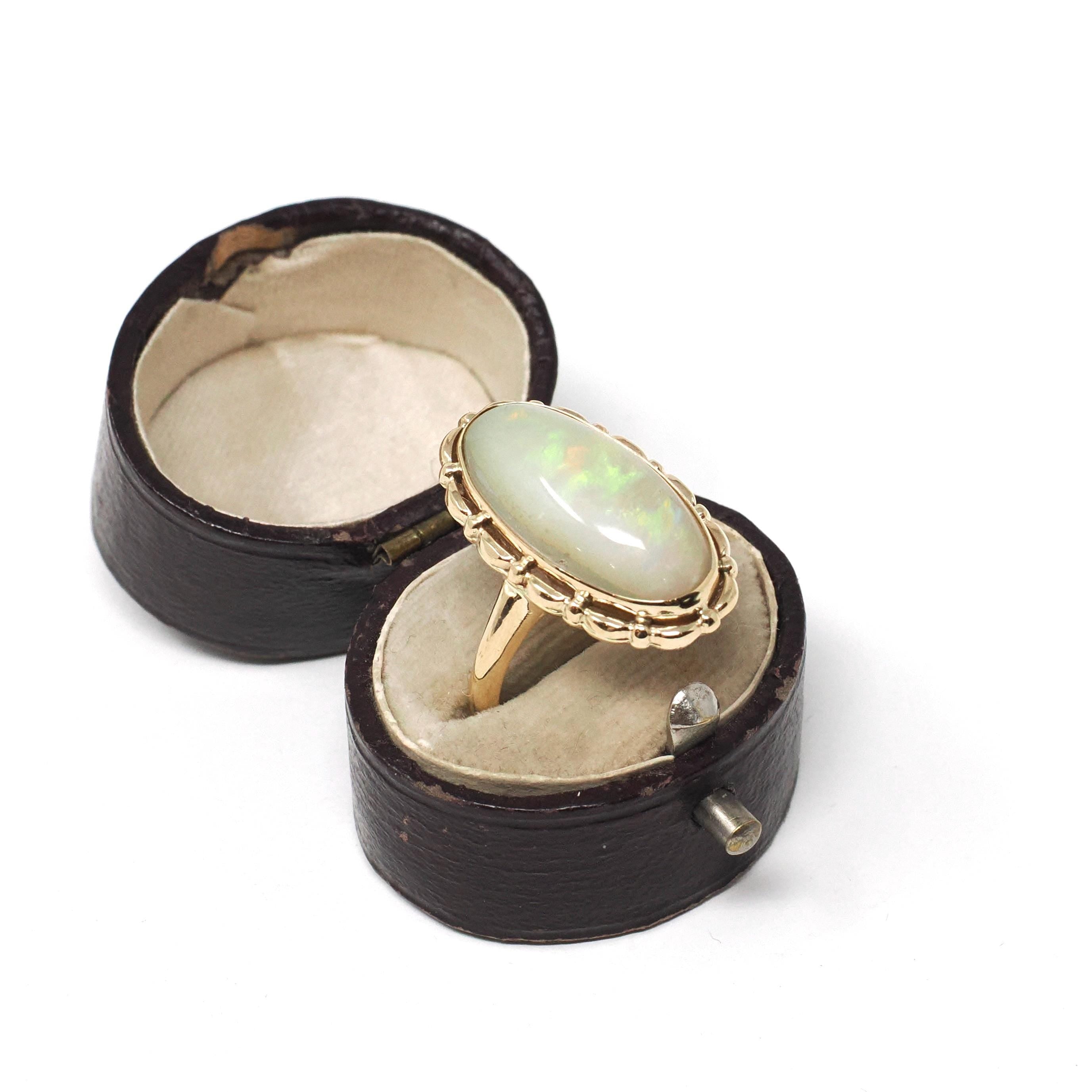 Opal Doublet Ring - Retro 14k Yellow Gold Oval Cabochon Gemstone - Vintage Circa 1960s Era Size 7 Fine Statement October Birthstone Jewelry