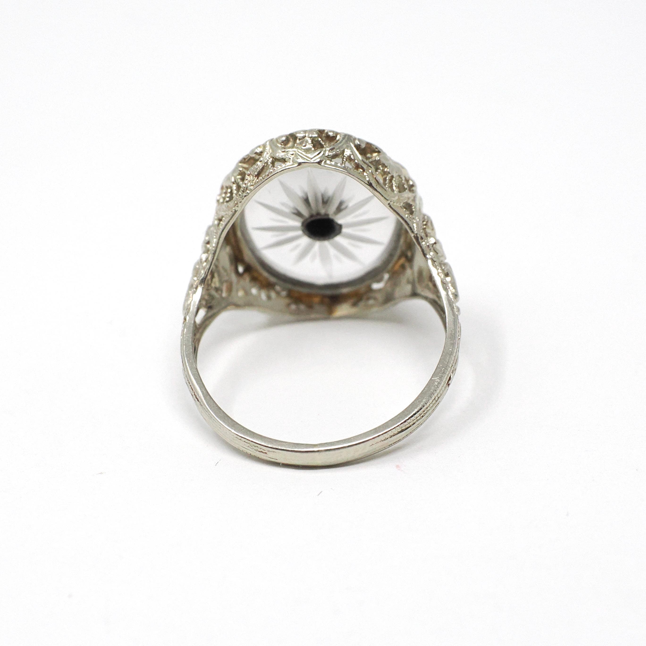 Rock Crystal Quartz Ring - Vintage 14k White Gold Oval Natural Diamond Statement - Vintage 1930s Size 6 1/4 Camphor Glass Style Fine Jewelry
