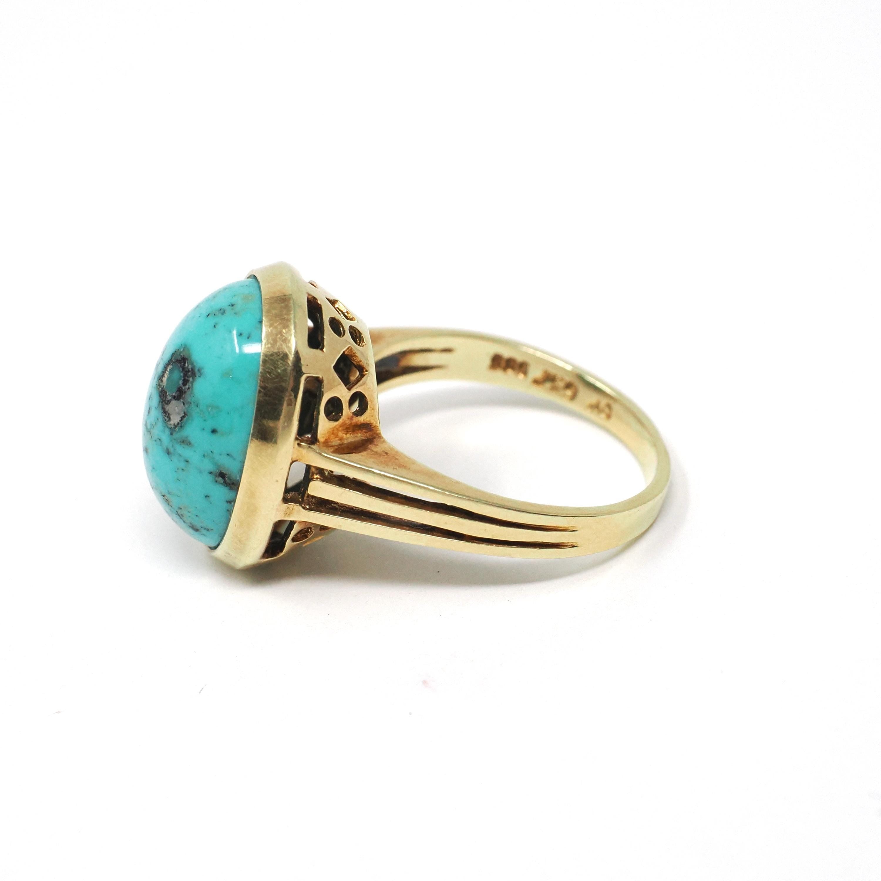 Vintage Turquoise Ring - Mid Century 14k Yellow Gold Oval Cabochon Cut Blue Gemstone - Circa 1960s Era Size 6 3/4 Unisex Statement Jewelry