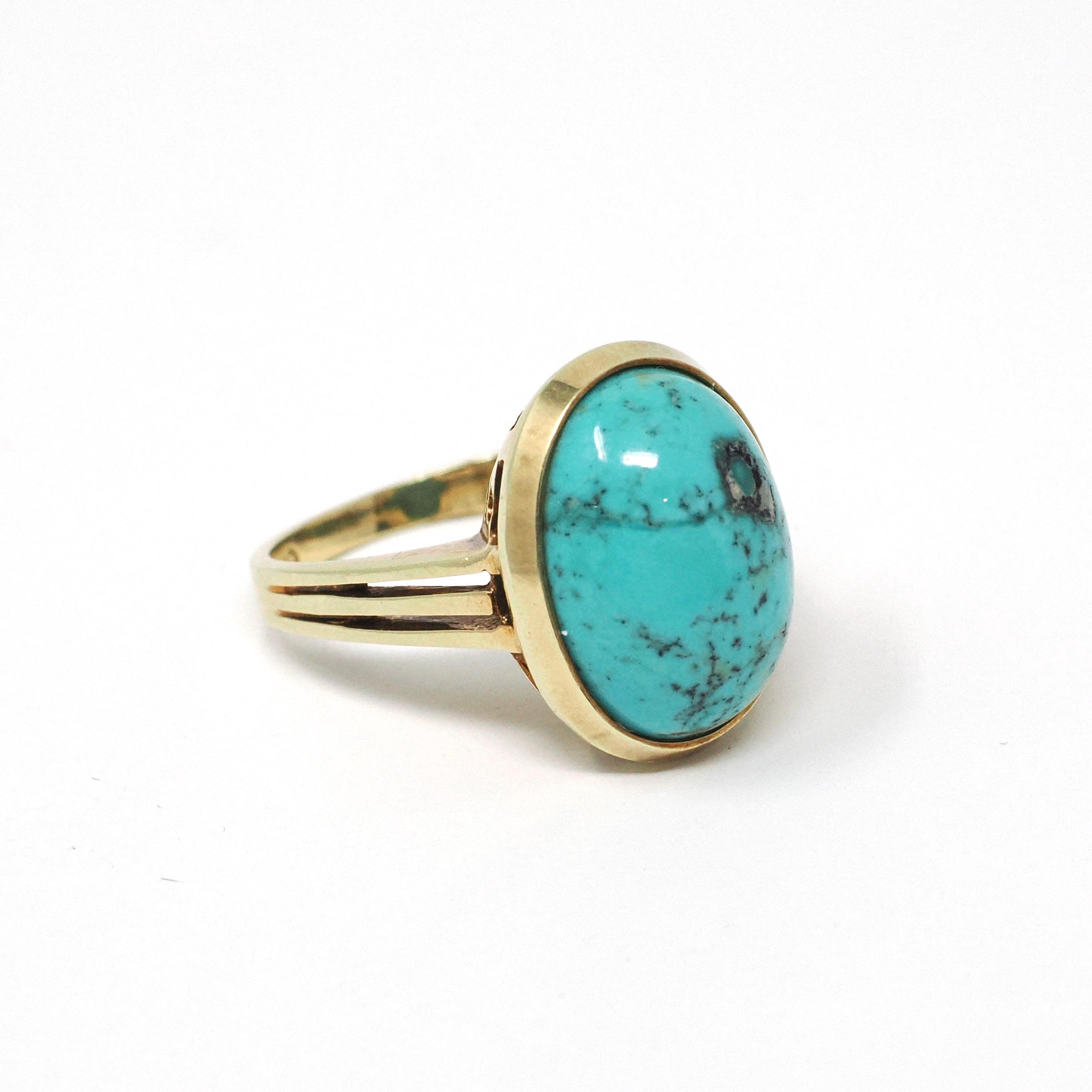 Vintage Turquoise Ring - Mid Century 14k Yellow Gold Oval Cabochon Cut Blue Gemstone - Circa 1960s Era Size 6 3/4 Unisex Statement Jewelry