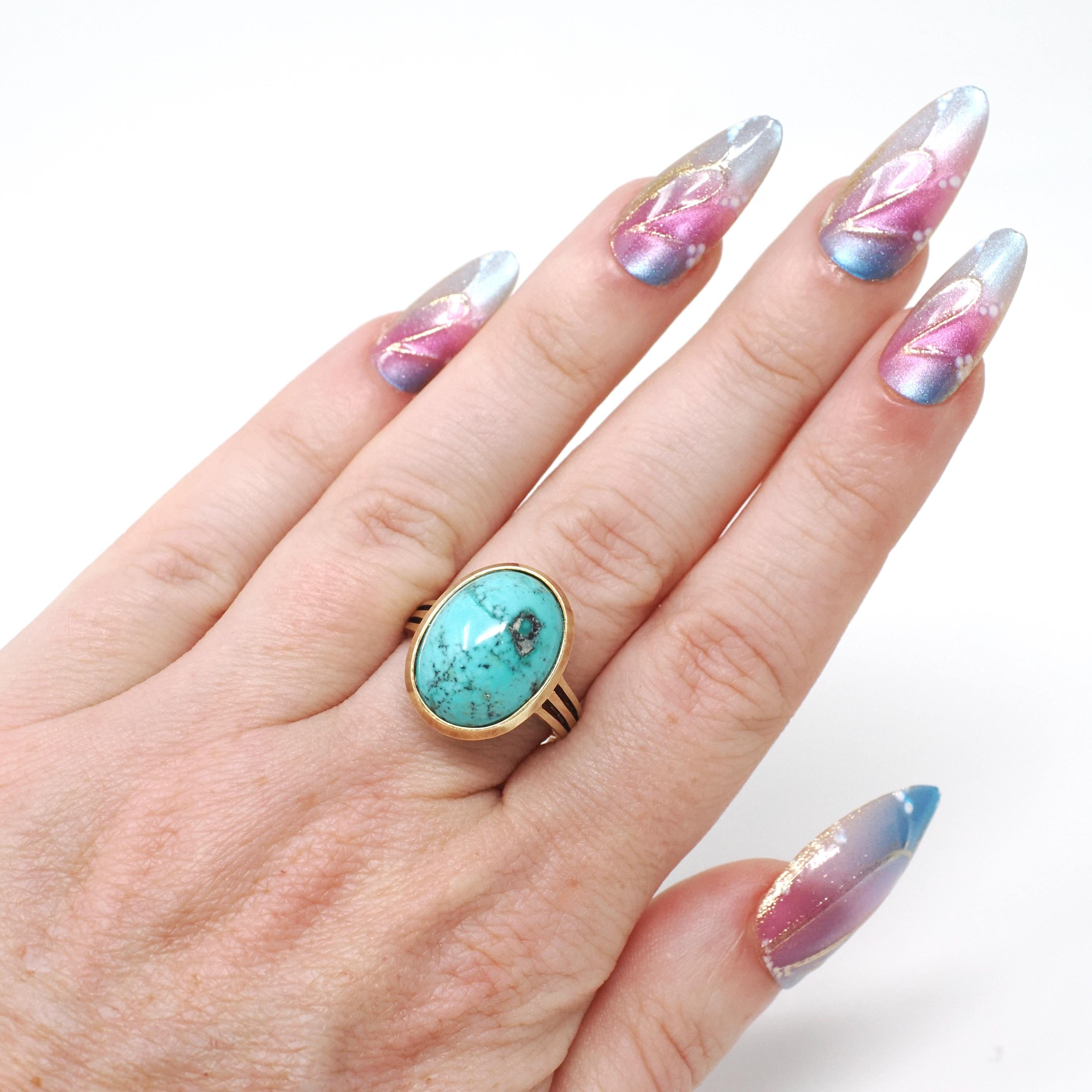Vintage Turquoise Ring - Mid Century 14k Yellow Gold Oval Cabochon Cut Blue Gemstone - Circa 1960s Era Size 6 3/4 Unisex Statement Jewelry