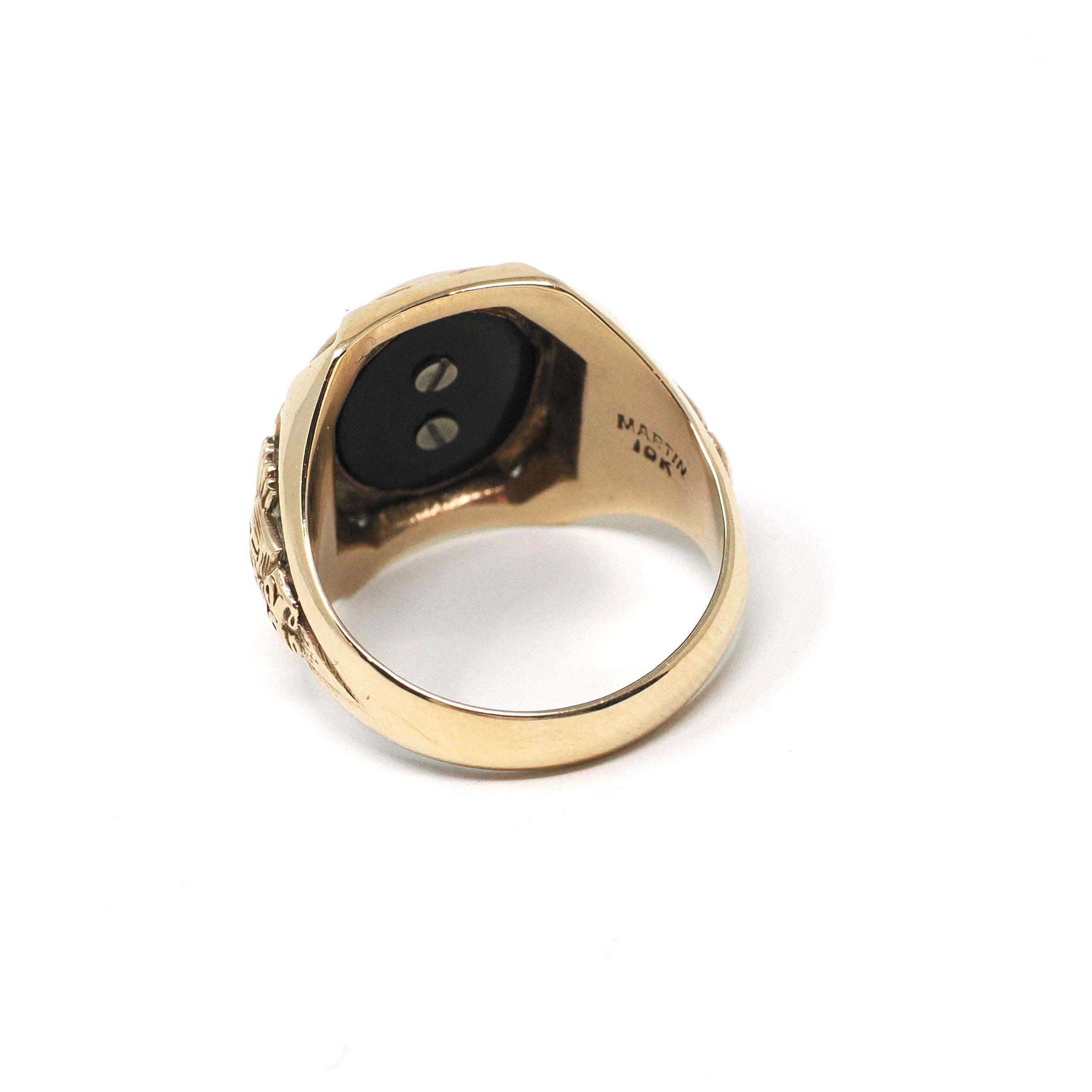 Skull & Crossbones Ring - Mid Century Era 10k Yellow Gold Black Chalcedony Onyx Statement - Vintage 1952 Size 5 3/4 TUH Class Fine Jewelry