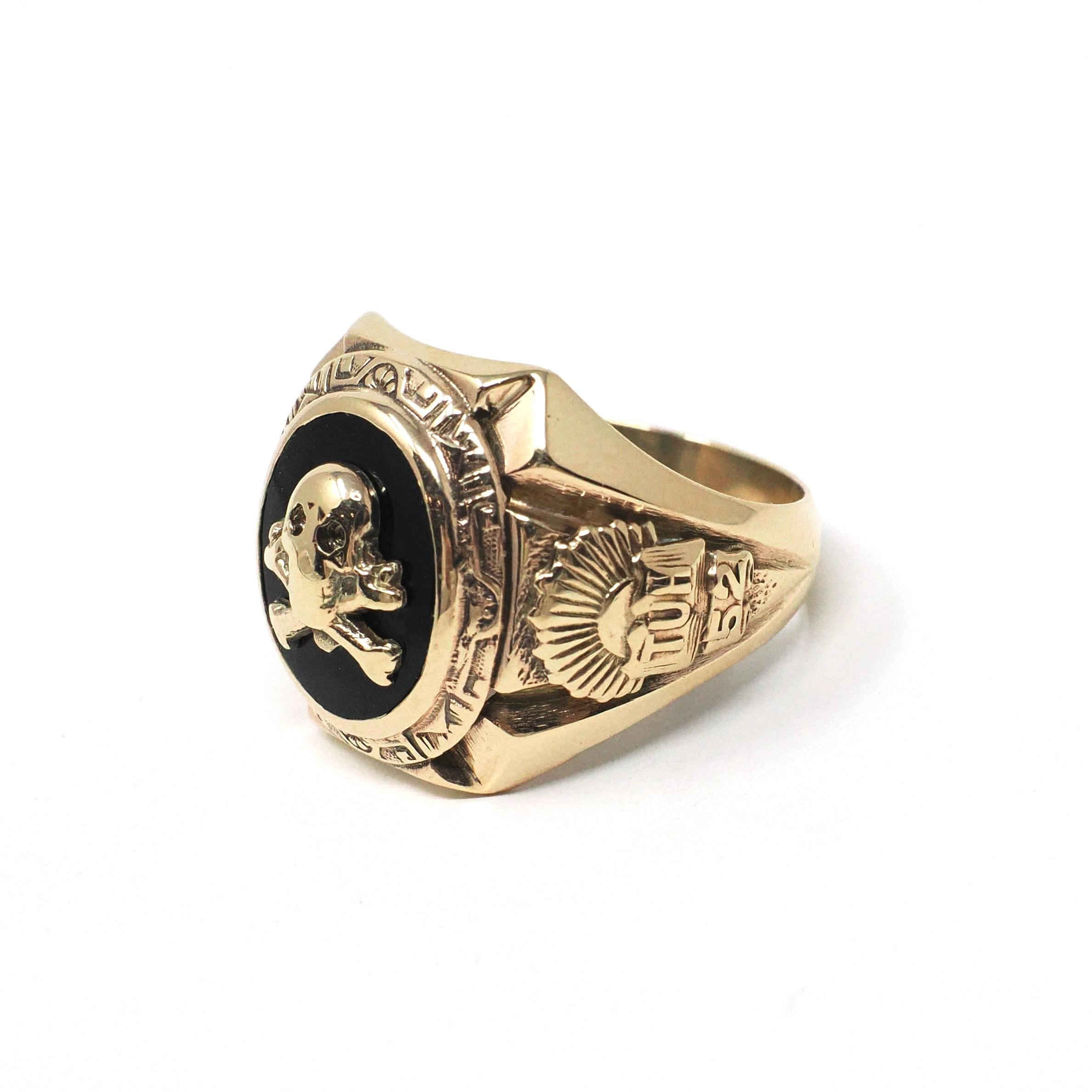 Skull & Crossbones Ring - Mid Century Era 10k Yellow Gold Black Chalcedony Onyx Statement - Vintage 1952 Size 5 3/4 TUH Class Fine Jewelry