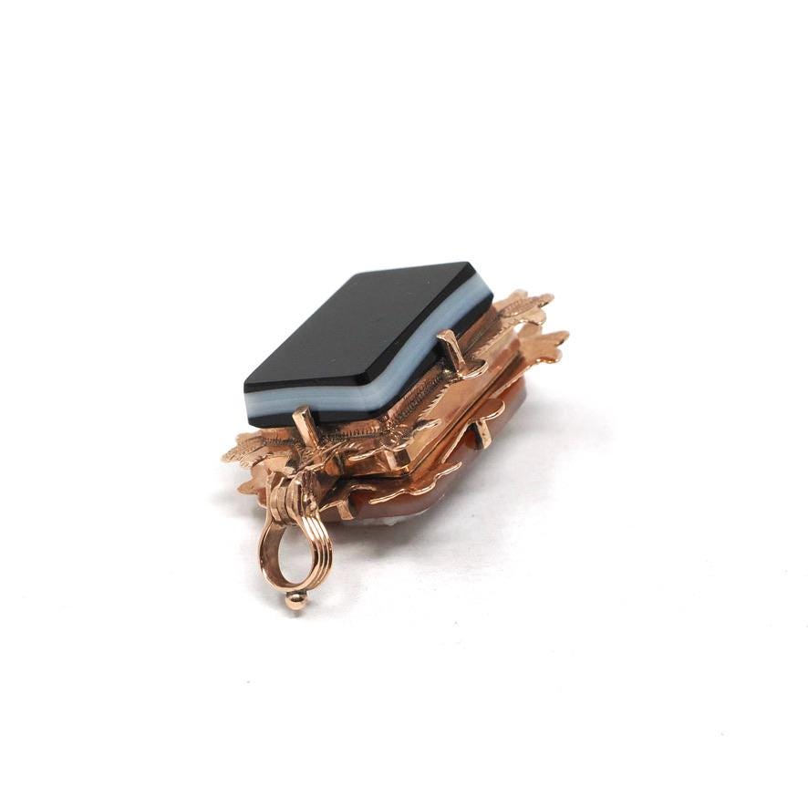 Antique Cameo Pendant - Victorian 10k Rose Gold Sardonyx & Black White Onyx Double Sided Charm - Circa 1880s Era Fob Fine Statement Jewelry