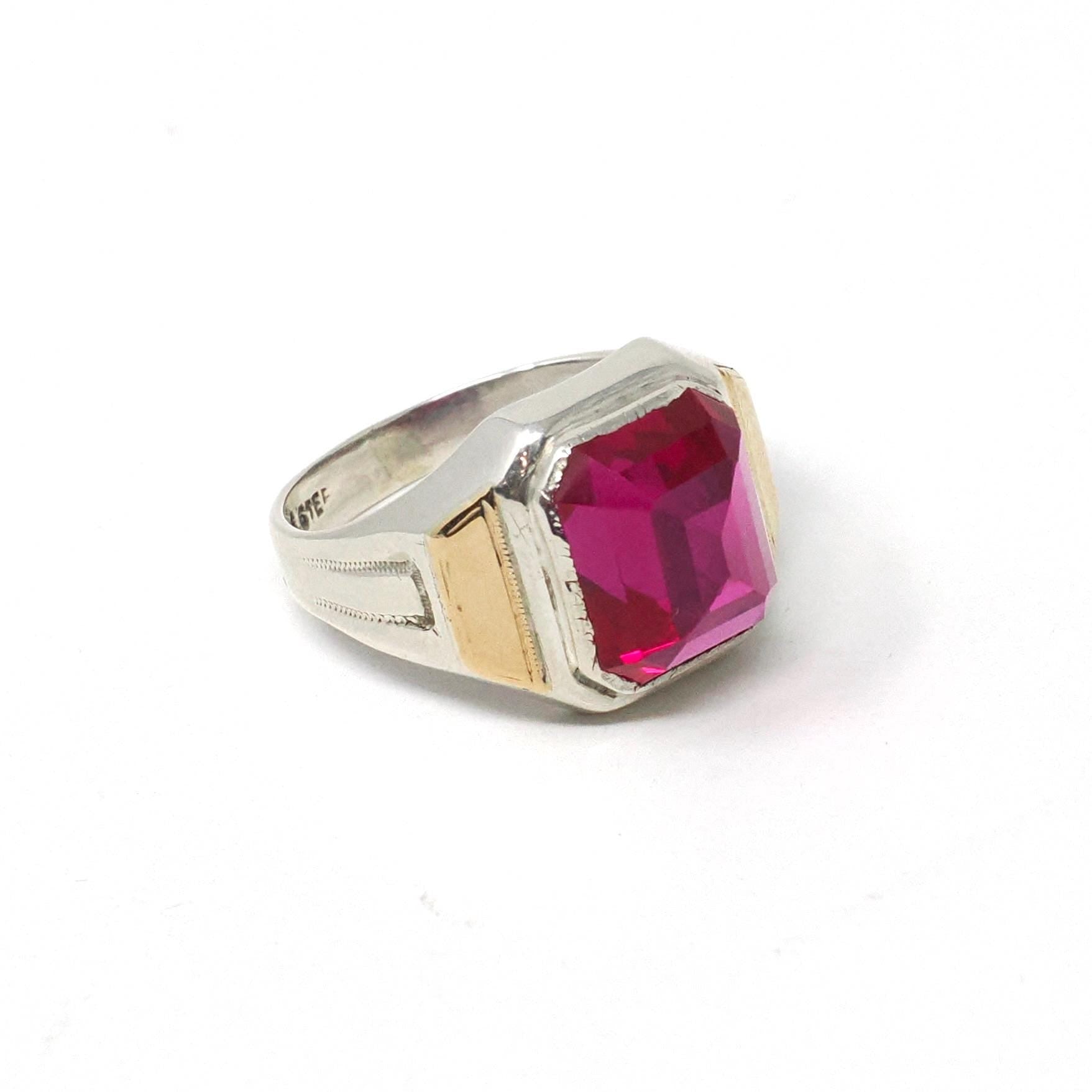 Created Ruby Ring - Mid Century Sterling Silver & 14k Gold Accents - Vintage Circa 1940s Era Size 9 1/4 July Birthstone Unisex Mens Jewelry