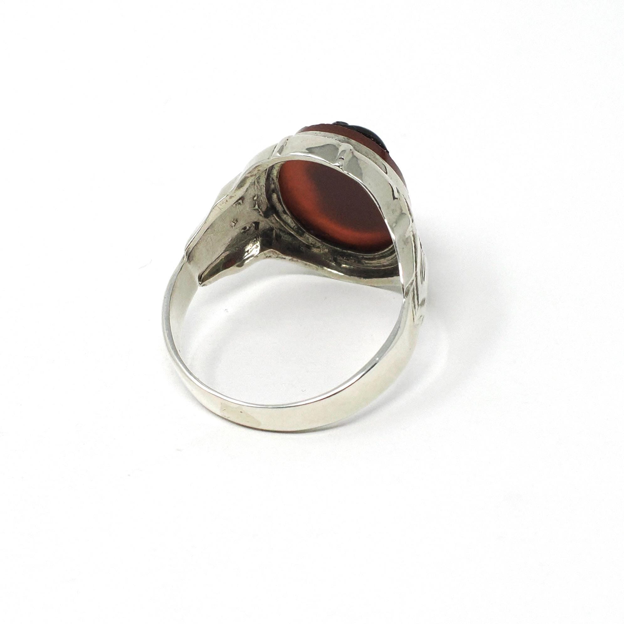 Vintage Cameo Ring - Art Deco Sterling Silver Oval Red Black White Assembled Glass Stone Portrait - Circa 30s Era Size 11 Statement Jewelry
