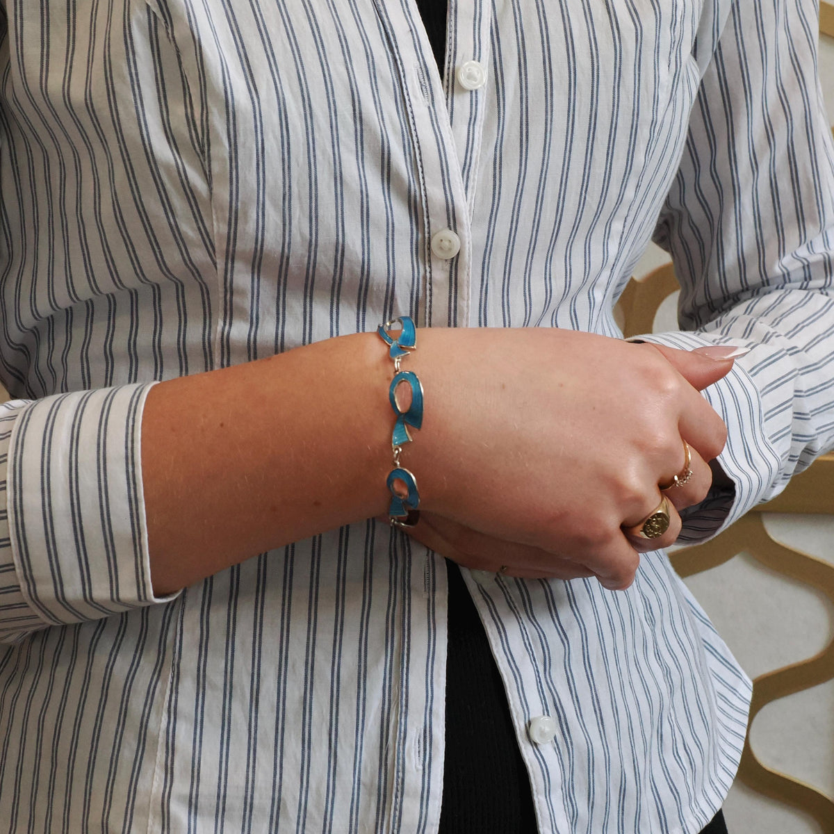 Mid Century Bracelet - Vintage Sterling Silver Light Blue Enamel Freeform Panels - Circa 1960s Era Knot Charms Spring Clasp Fine 60s Jewelry