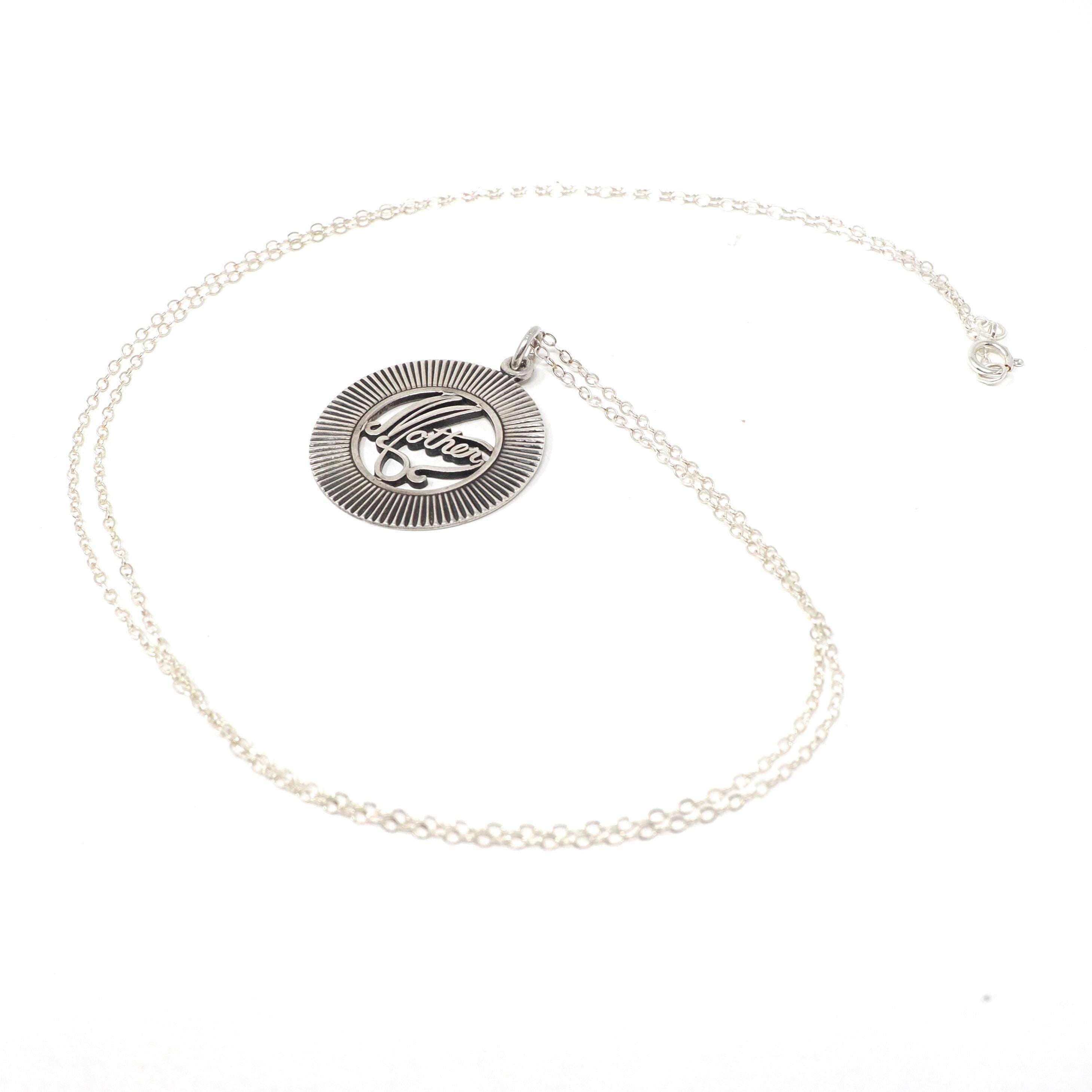 Vintage Mother Necklace - Retro Sterling Silver Round Medallion Charm Pendant - Circa 1970s Era Mom Love Token Mothers Day Gift Jewelry