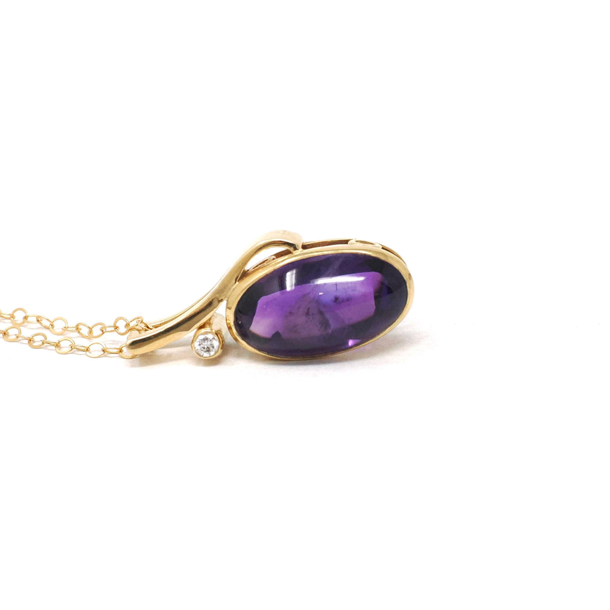 Amethyst & Diamond Charm - Estate 18k Yellow Gold Oval Cabochon Purple Gem Pendant Necklace - Modern Circa 2000s February Birthstone Jewelry