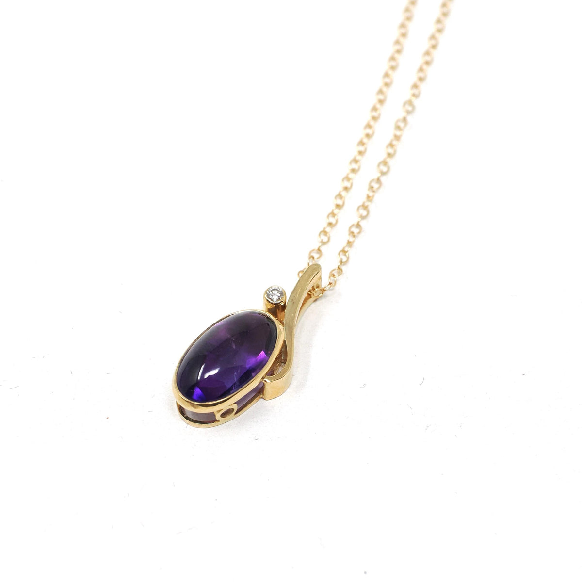 Amethyst & Diamond Charm - Estate 18k Yellow Gold Oval Cabochon Purple Gem Pendant Necklace - Modern Circa 2000s February Birthstone Jewelry