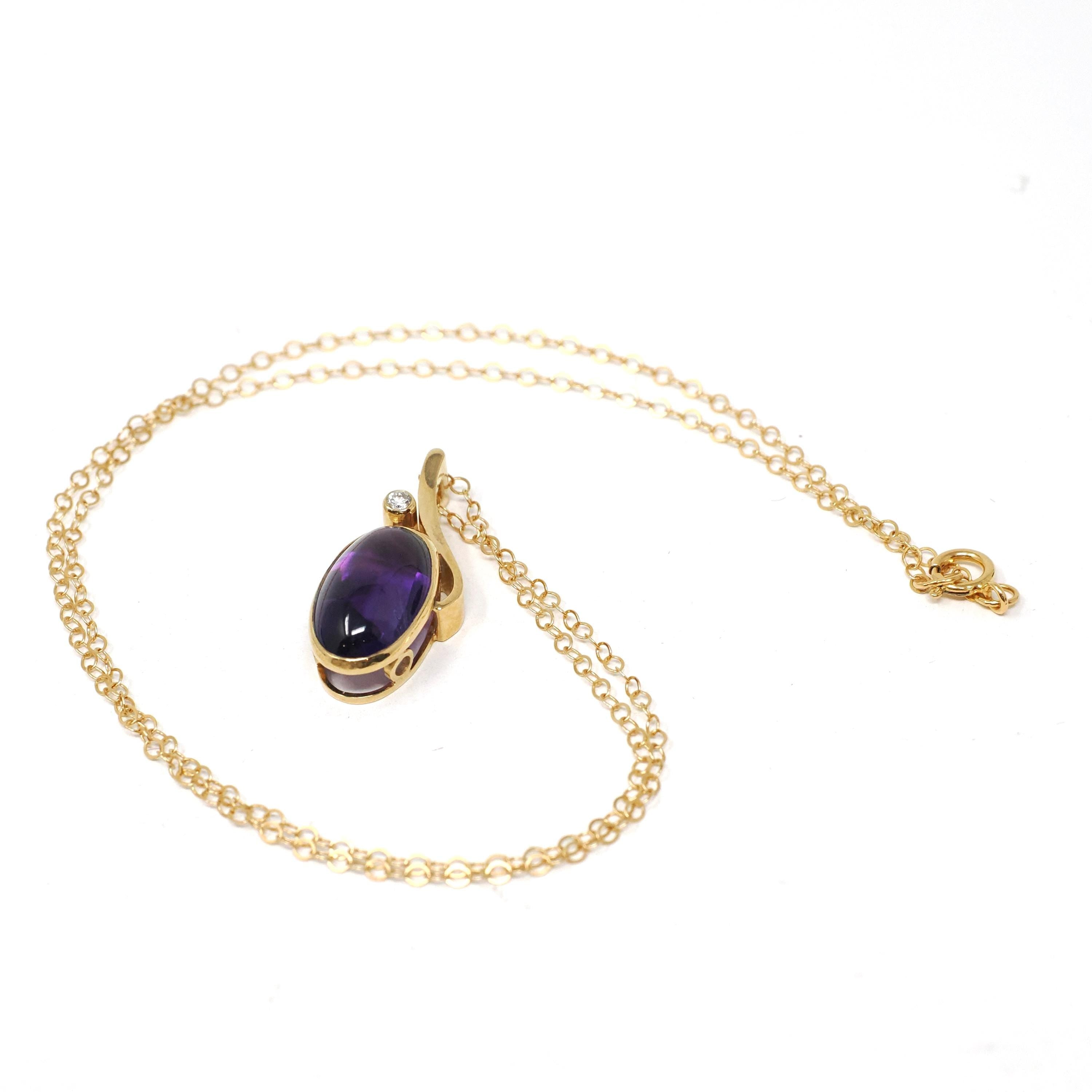 Amethyst & Diamond Charm - Estate 18k Yellow Gold Oval Cabochon Purple Gem Pendant Necklace - Modern Circa 2000s February Birthstone Jewelry
