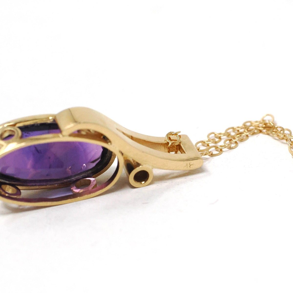 Amethyst & Diamond Charm - Estate 18k Yellow Gold Oval Cabochon Purple Gem Pendant Necklace - Modern Circa 2000s February Birthstone Jewelry