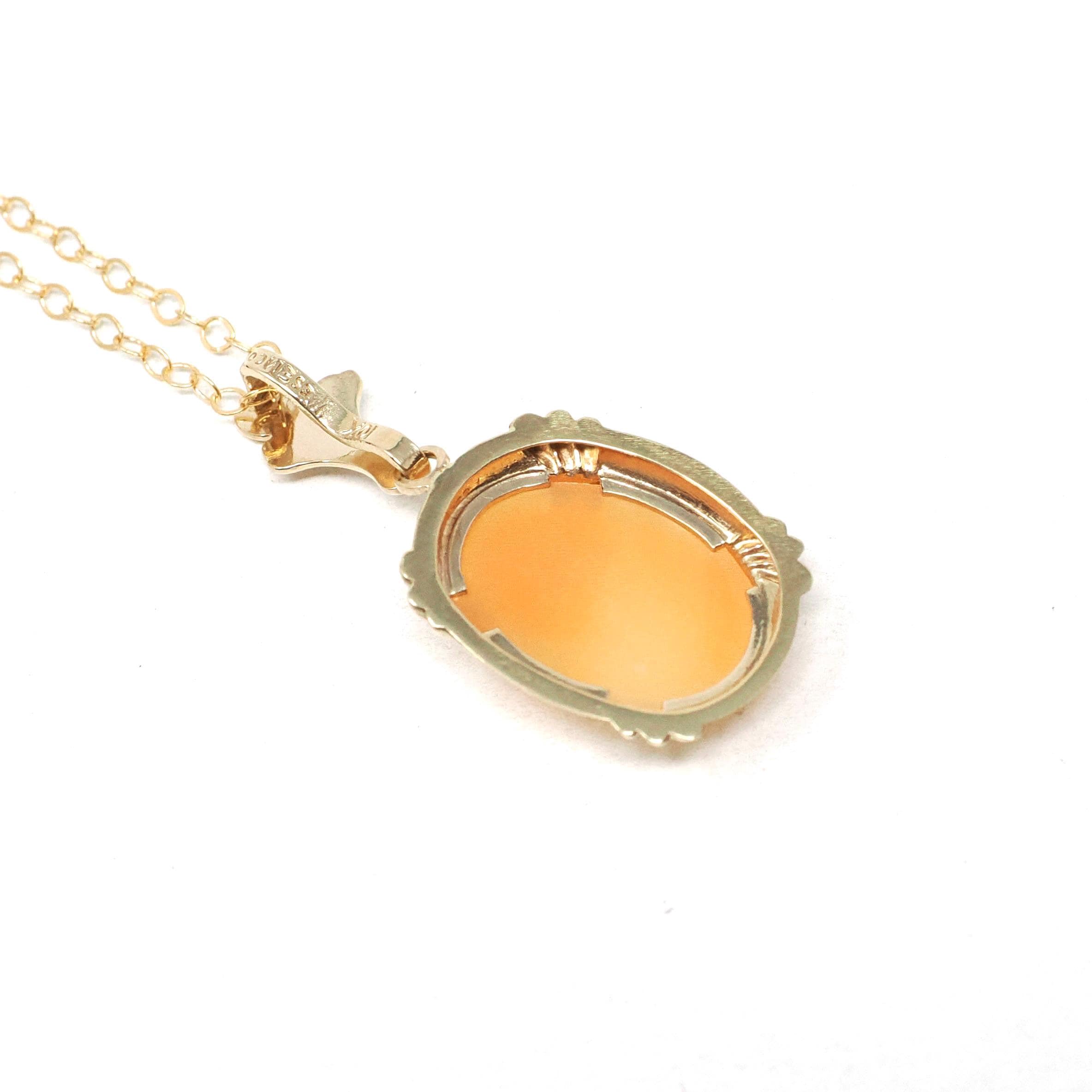 Vintage Cameo Necklace - Retro 10k Yellow Gold Oval Carved Shell Flower Pendant Charm - Circa 1940s Era Statement Fine Esemco 40s Jewelry