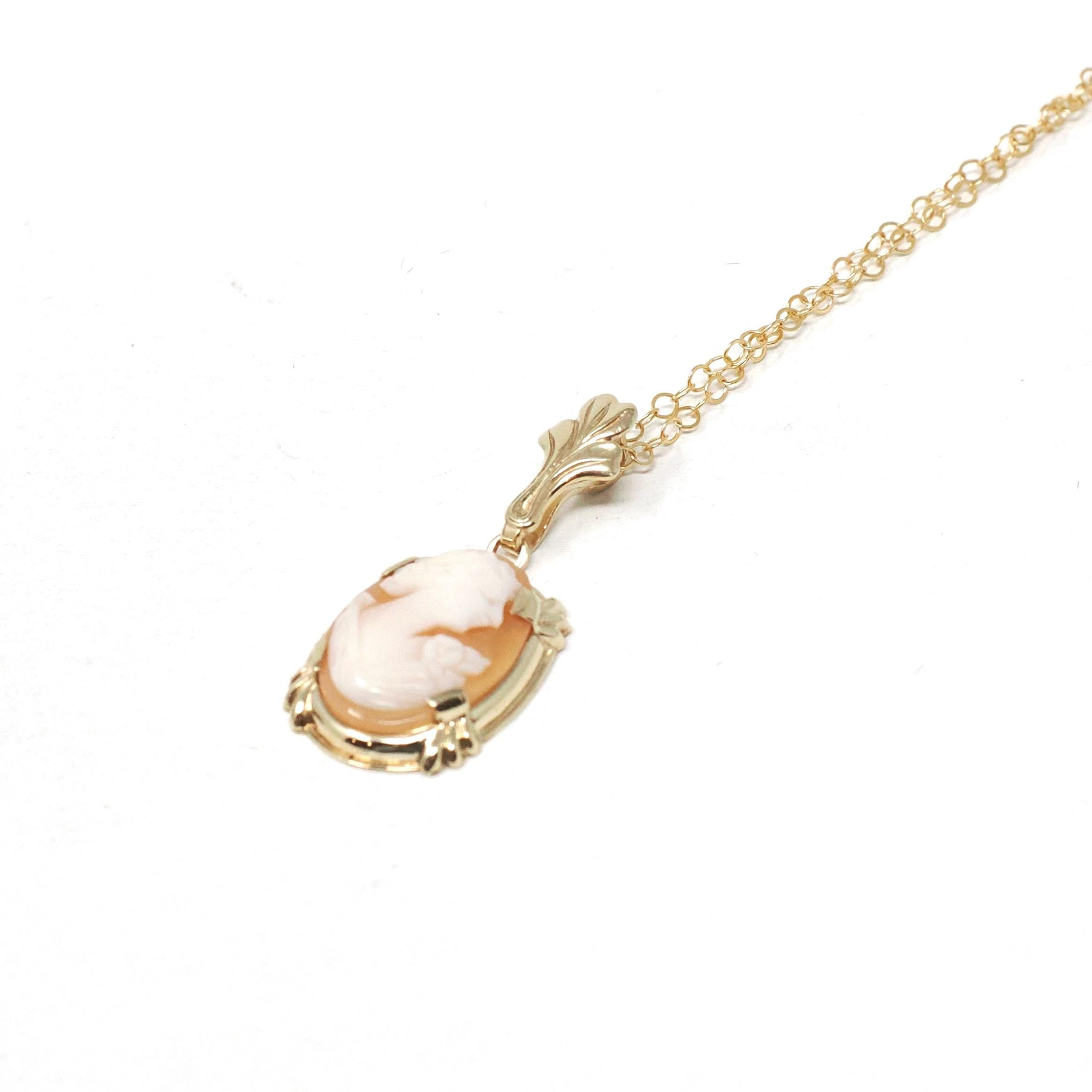 Vintage Cameo Necklace - Retro 10k Yellow Gold Oval Carved Shell Flower Pendant Charm - Circa 1940s Era Statement Fine Esemco 40s Jewelry