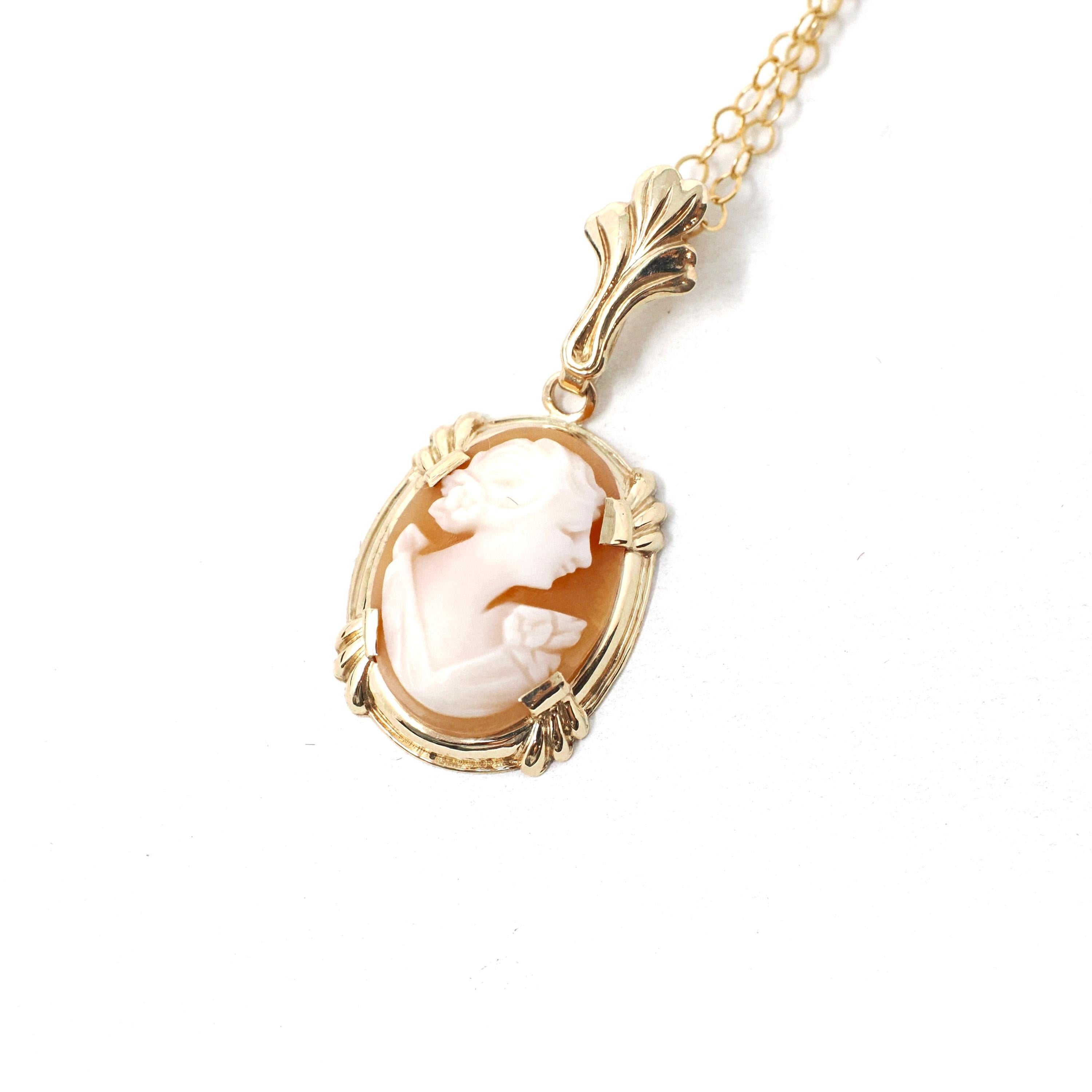 Vintage Cameo Necklace - Retro 10k Yellow Gold Oval Carved Shell Flower Pendant Charm - Circa 1940s Era Statement Fine Esemco 40s Jewelry