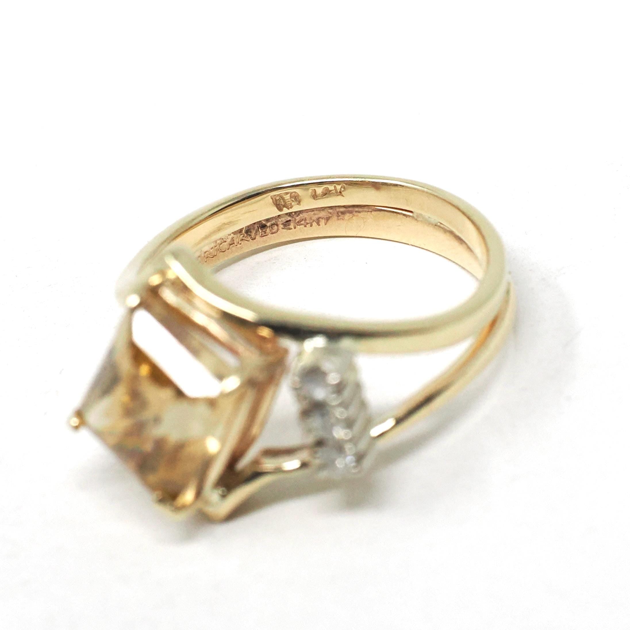 Vintage Zircon Ring - Retro 14k Yellow Gold Yellow Gemstone Natural Diamond Accents - Circa 1970s Era Size 5 3/4 Bypass Style Fine Jewelry