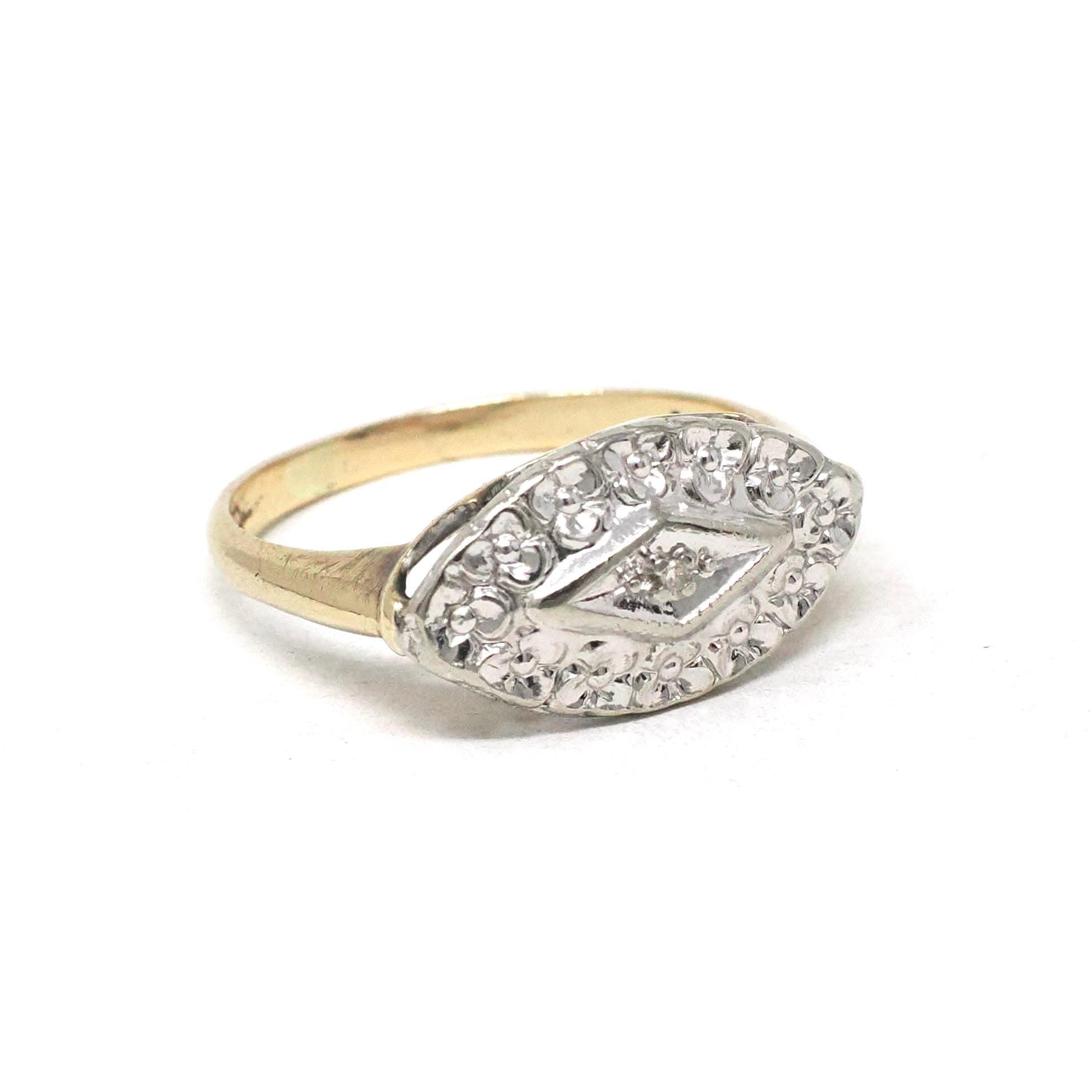 Vintage Princess Ring - Retro 10k Yellow & White Gold Natural Diamond .005 CT Gem - Circa 1940s Era Size 6 3/4 Anniversary Promise Jewelry