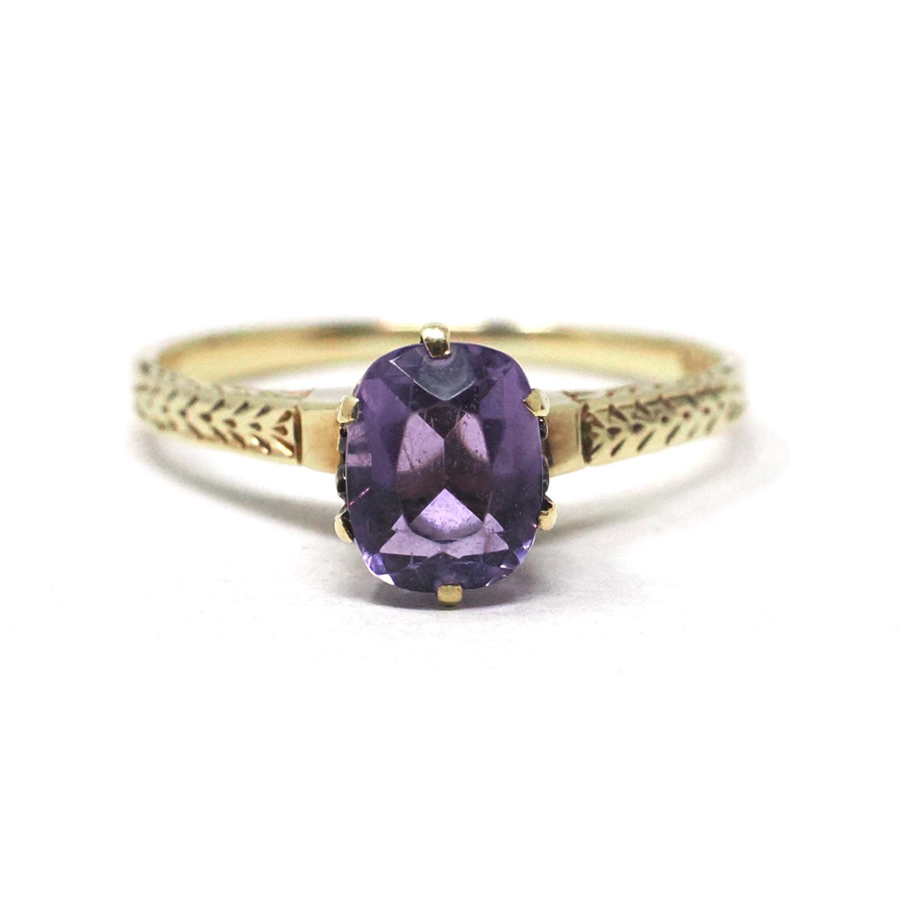 Art Deco Amethyst Ring - Vintage 14k Yellow Gold Natural Purple Gemstone Solitaire - Antique Circa 1920s Size 5 Wheat Designs Fine Jewelry