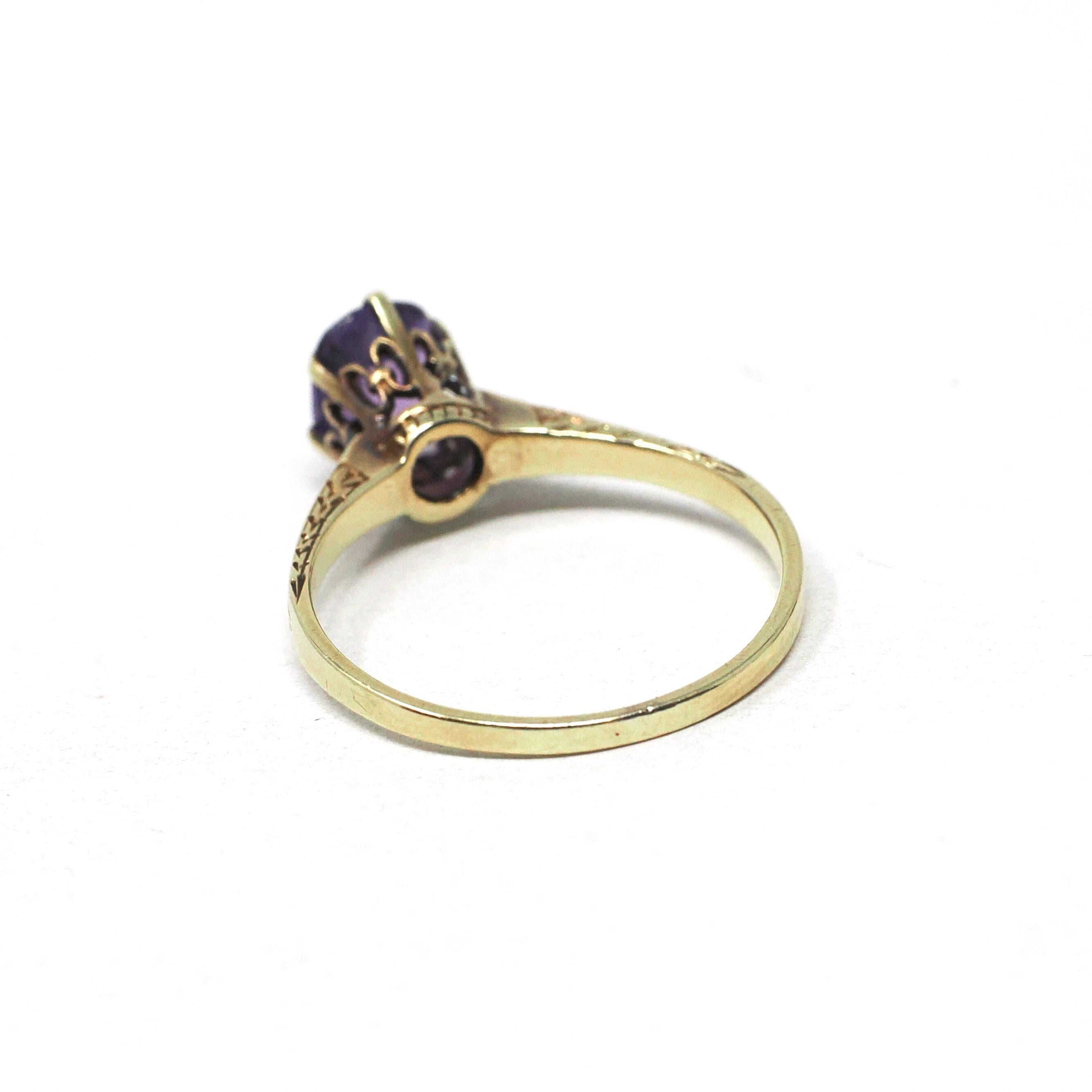 Art Deco Amethyst Ring - Vintage 14k Yellow Gold Natural Purple Gemstone Solitaire - Antique Circa 1920s Size 5 Wheat Designs Fine Jewelry