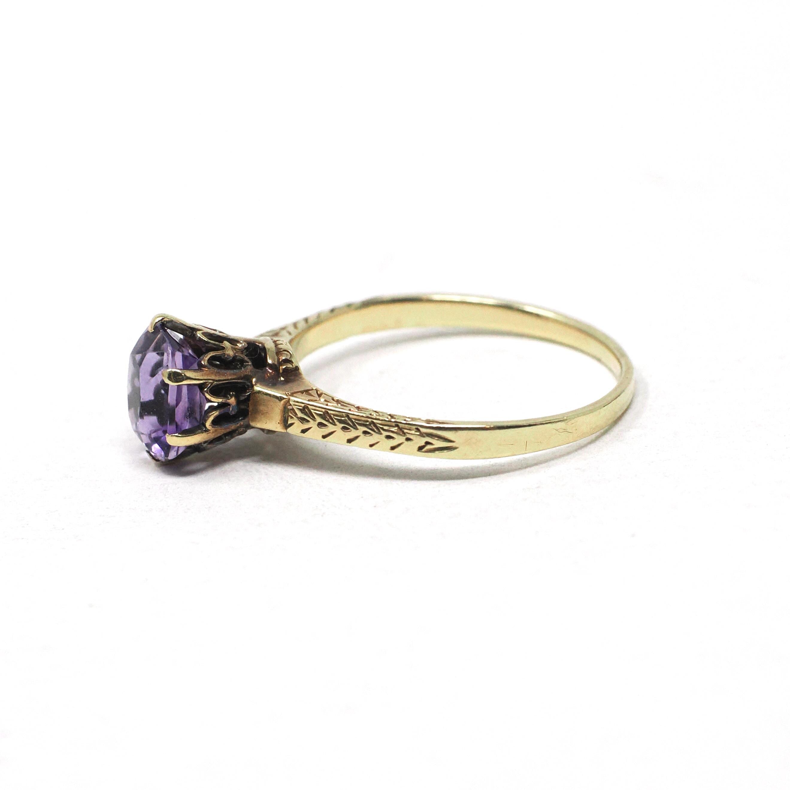 Art Deco Amethyst Ring - Vintage 14k Yellow Gold Natural Purple Gemstone Solitaire - Antique Circa 1920s Size 5 Wheat Designs Fine Jewelry