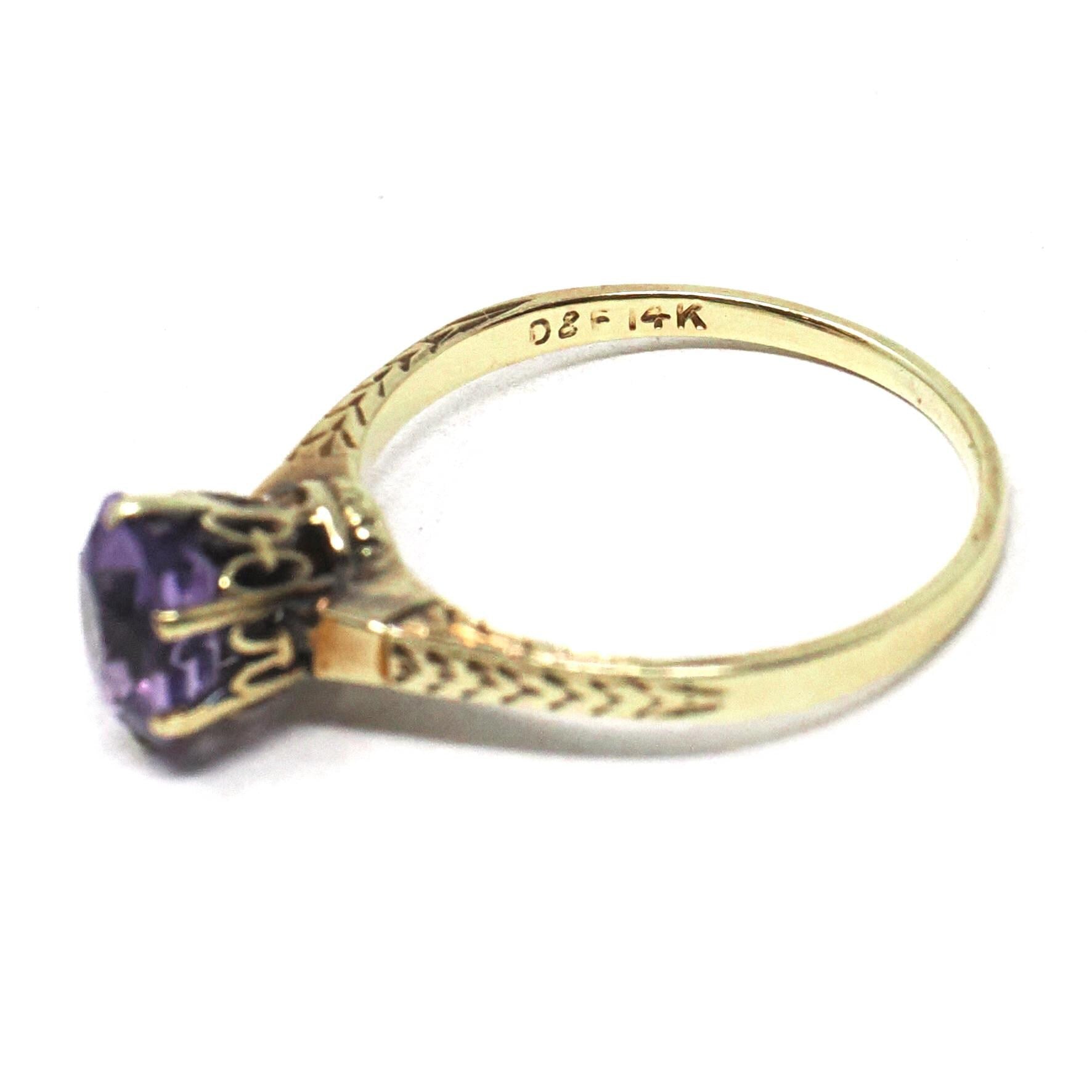 Art Deco Amethyst Ring - Vintage 14k Yellow Gold Natural Purple Gemstone Solitaire - Antique Circa 1920s Size 5 Wheat Designs Fine Jewelry