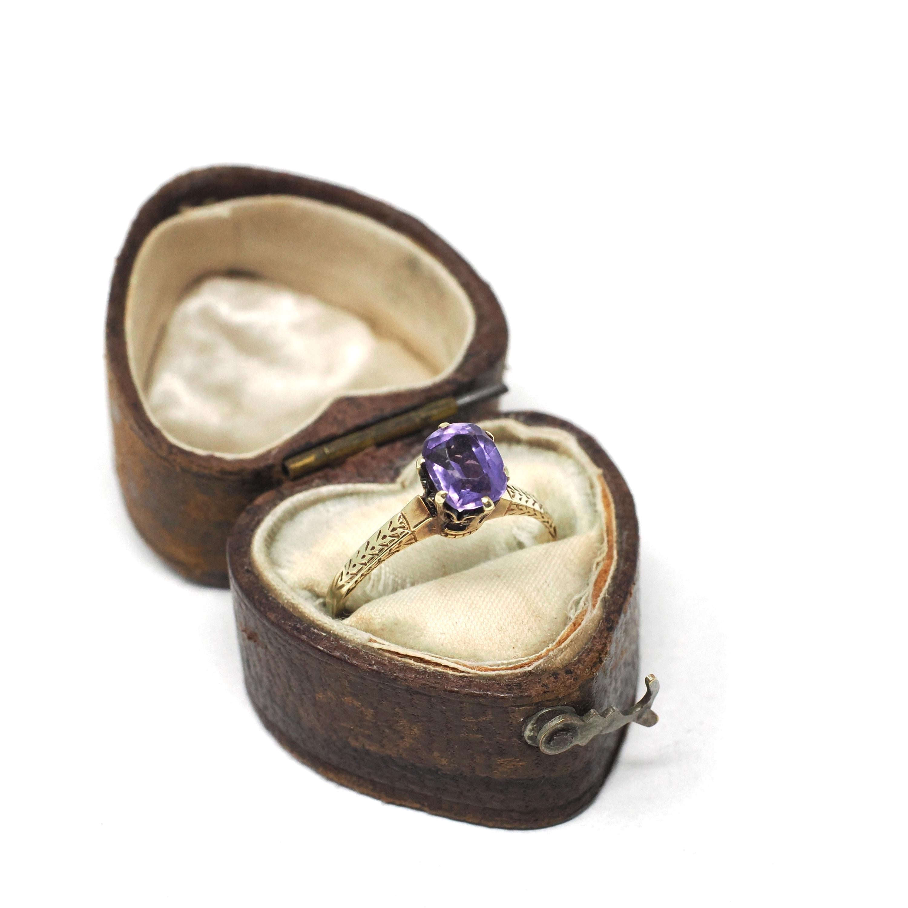 Art Deco Amethyst Ring - Vintage 14k Yellow Gold Natural Purple Gemstone Solitaire - Antique Circa 1920s Size 5 Wheat Designs Fine Jewelry