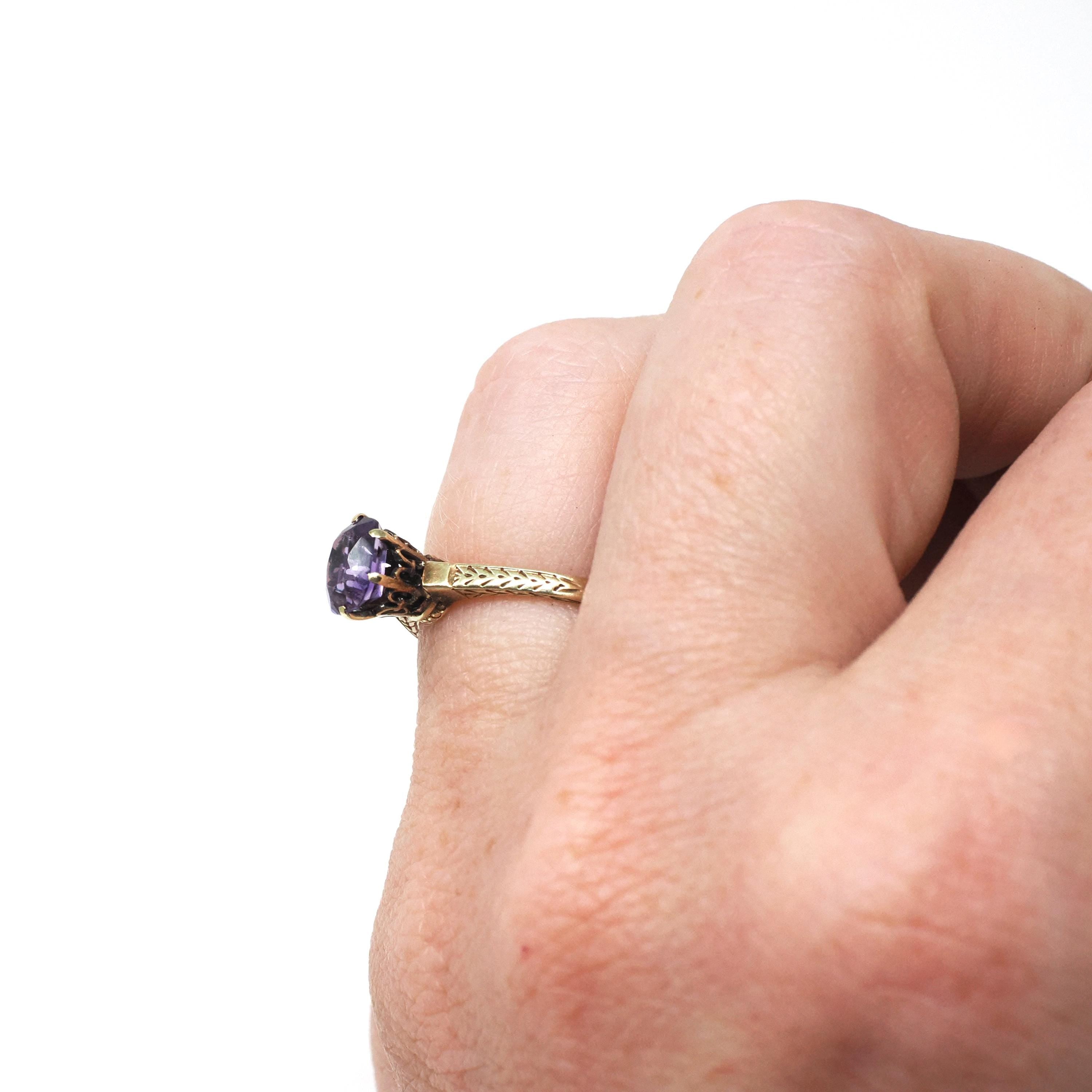 Art Deco Amethyst Ring - Vintage 14k Yellow Gold Natural Purple Gemstone Solitaire - Antique Circa 1920s Size 5 Wheat Designs Fine Jewelry
