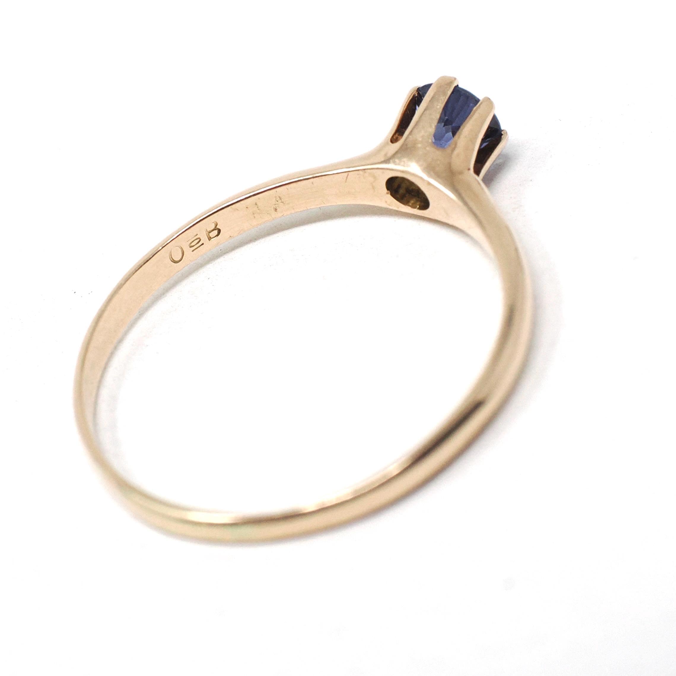 Antique Solitaire Ring - Edwardian 10k Gold Created Indigo Blue Sapphire - Circa 1910s Size 8 Ostby & Barton Fine Engagement Bridal Jewelry