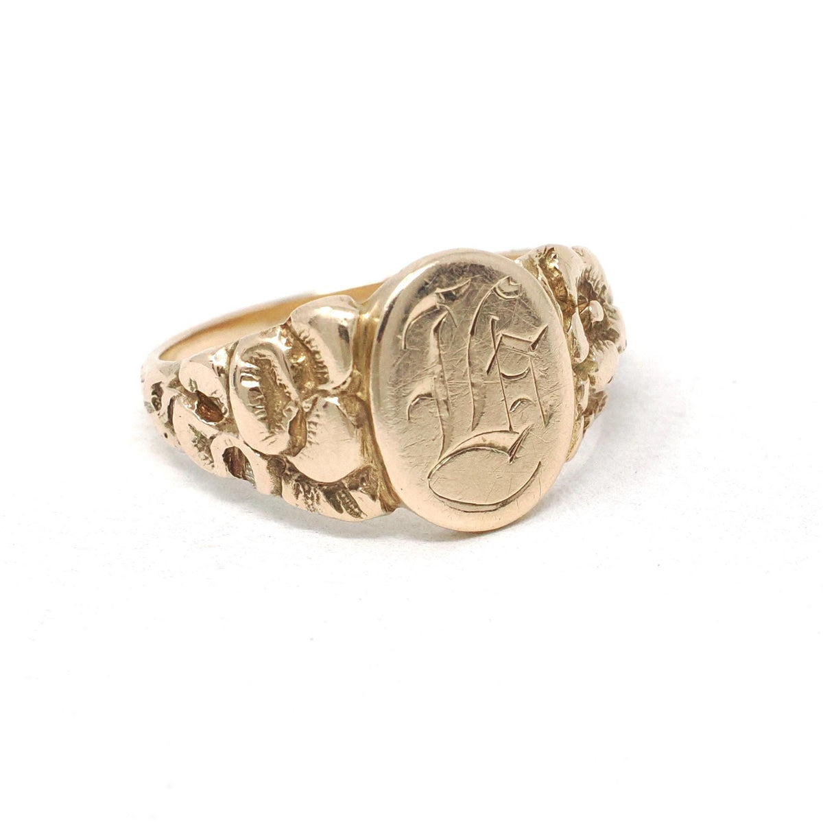 Edwardian Signet Ring - Antique 10k Yellow Gold Old English Initial "L" Engraved - Circa 1910's Era Size 6 3/4 Fine Flower Repousse Jewelry