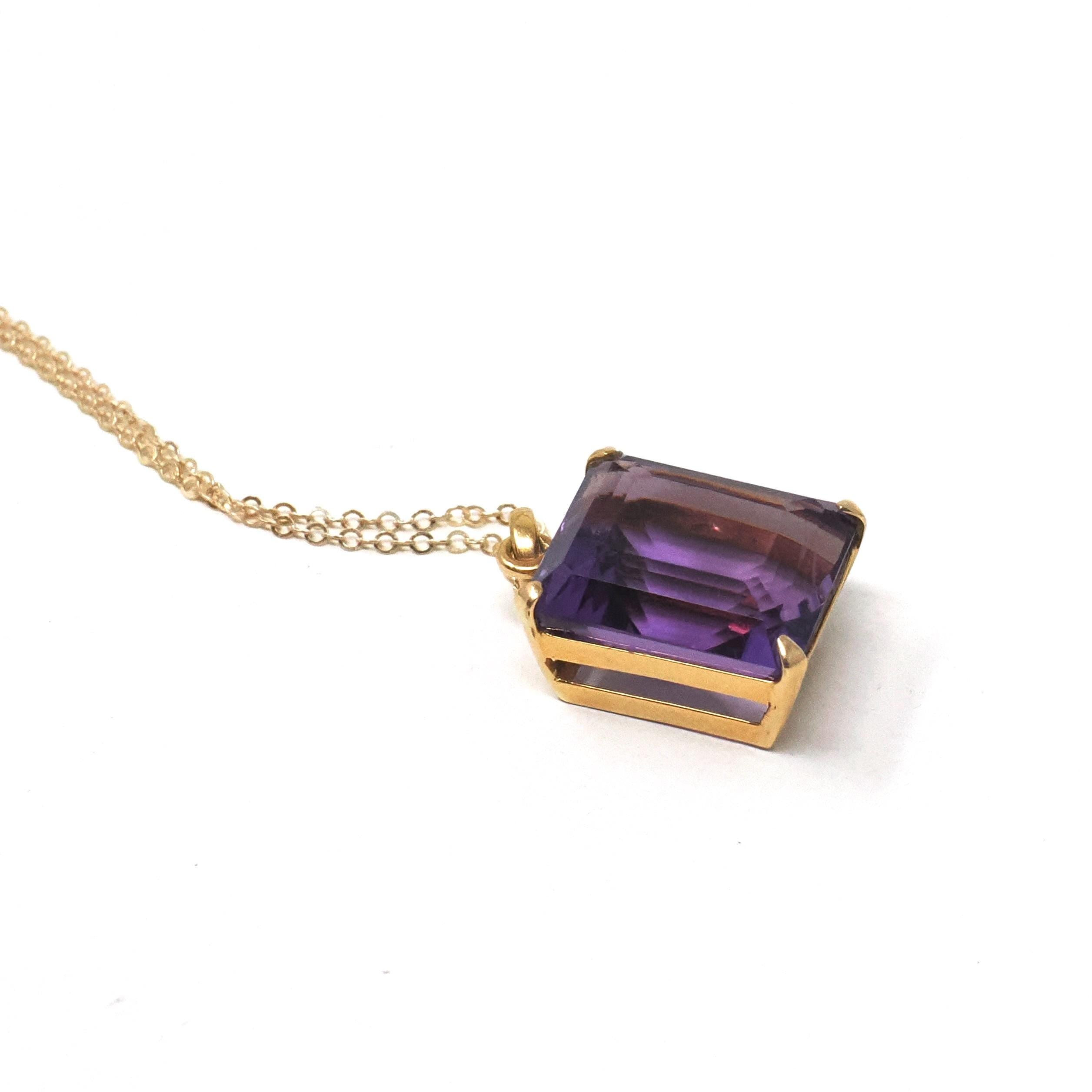 Modern Amethyst Necklace - Estate 14k Yellow Gold Rectangular Cut Purple Pendant Charm - Circa 2000s February Birthstone Y2k Fine Jewelry