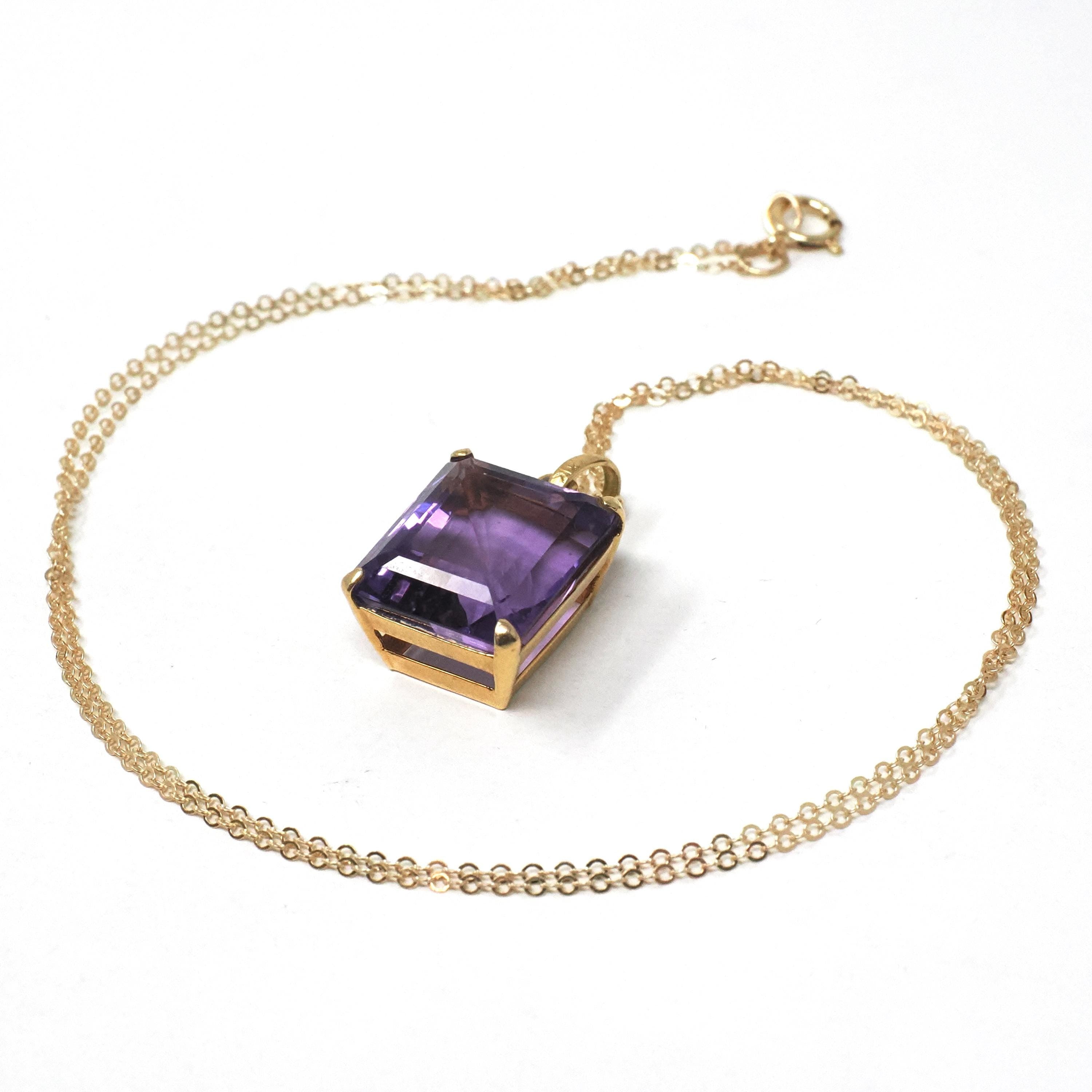 Modern Amethyst Necklace - Estate 14k Yellow Gold Rectangular Cut Purple Pendant Charm - Circa 2000s February Birthstone Y2k Fine Jewelry