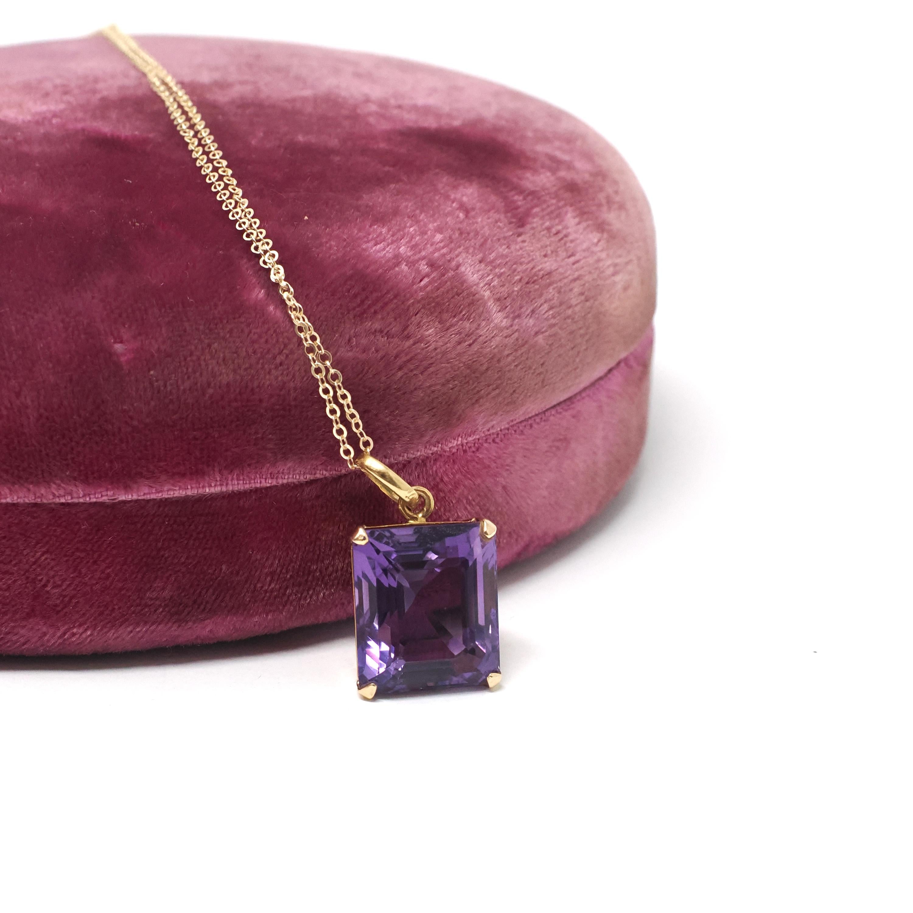 Modern Amethyst Necklace - Estate 14k Yellow Gold Rectangular Cut Purple Pendant Charm - Circa 2000s February Birthstone Y2k Fine Jewelry