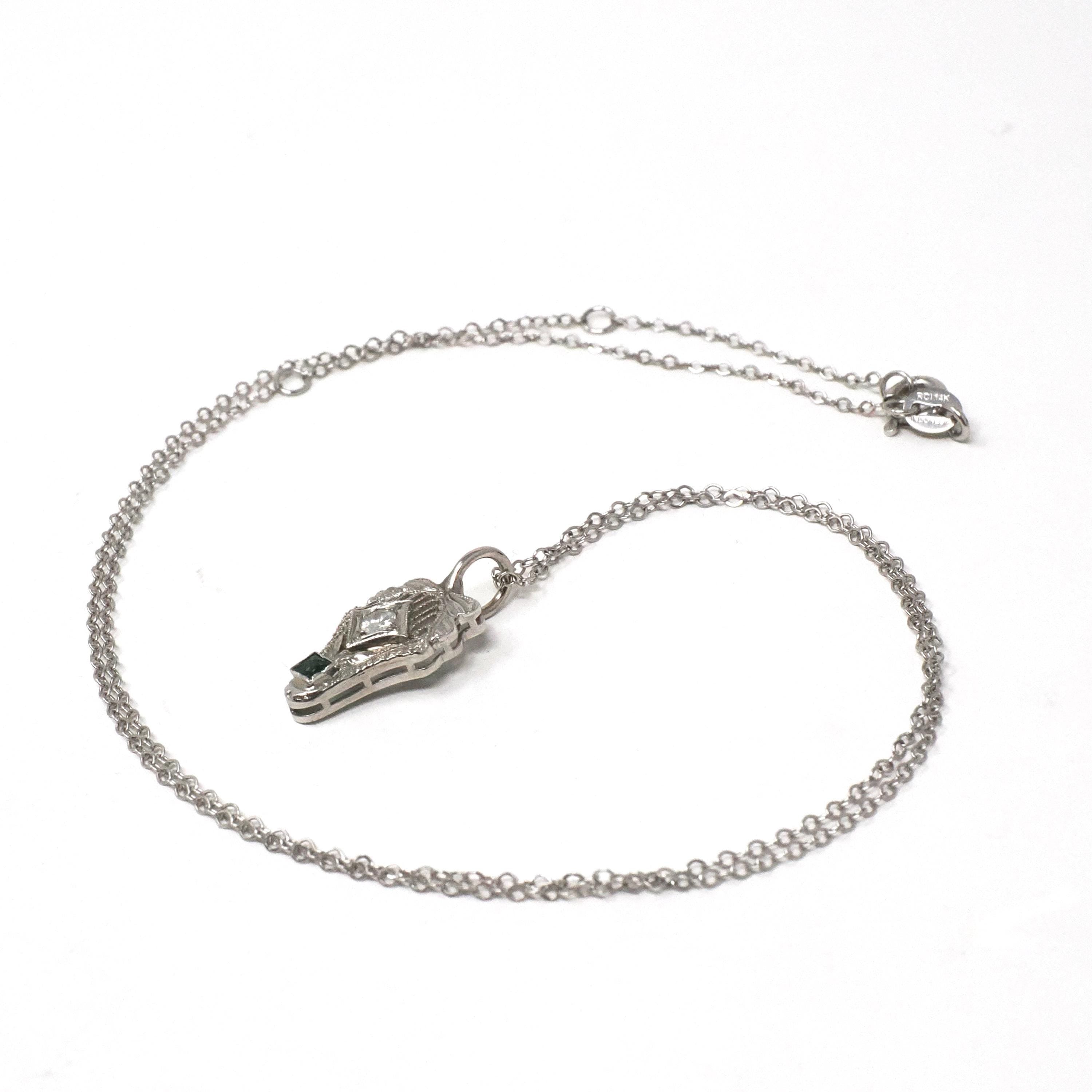 Antique Diamond Charm - Art Deco Era 14k White Gold Stick Pin Conversion Pendant Necklace - Vintage 1920s Green Glass Fine Filigree Jewelry