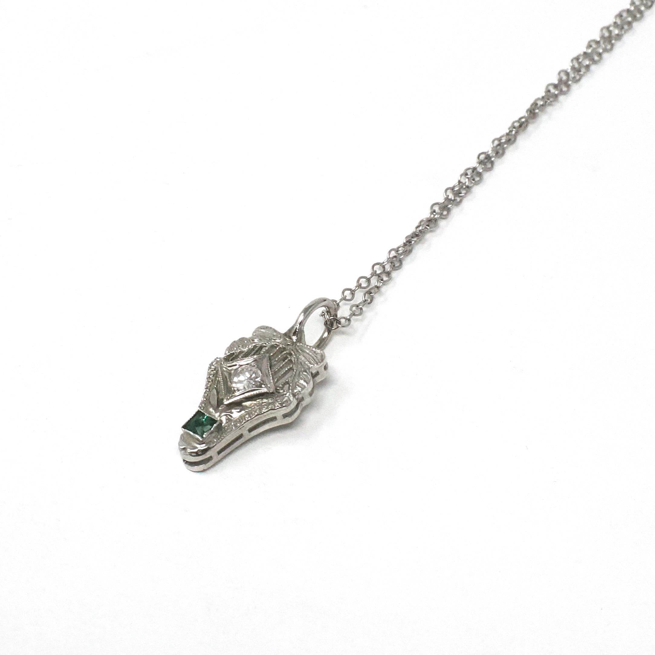 Antique Diamond Charm - Art Deco Era 14k White Gold Stick Pin Conversion Pendant Necklace - Vintage 1920s Green Glass Fine Filigree Jewelry