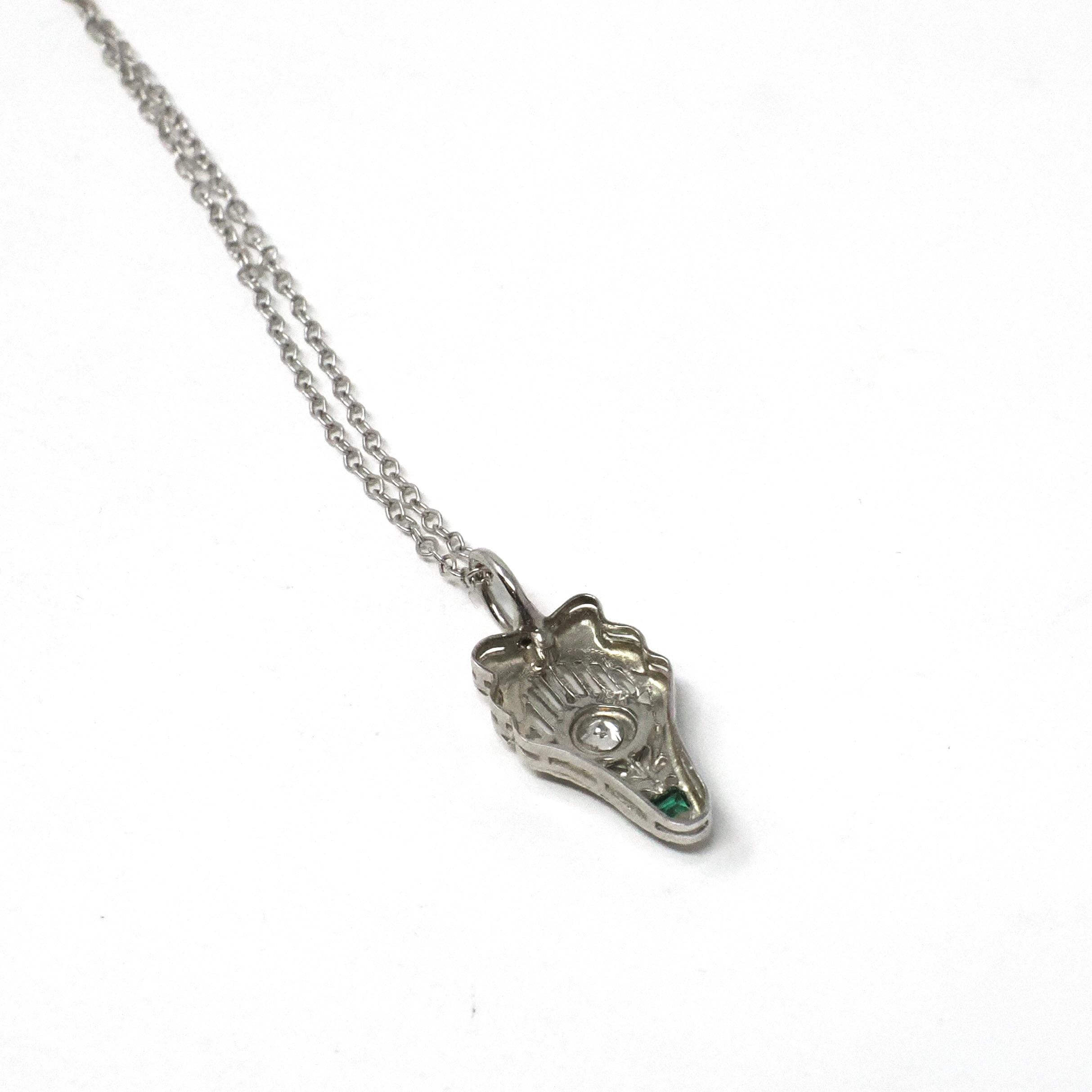 Antique Diamond Charm - Art Deco Era 14k White Gold Stick Pin Conversion Pendant Necklace - Vintage 1920s Green Glass Fine Filigree Jewelry