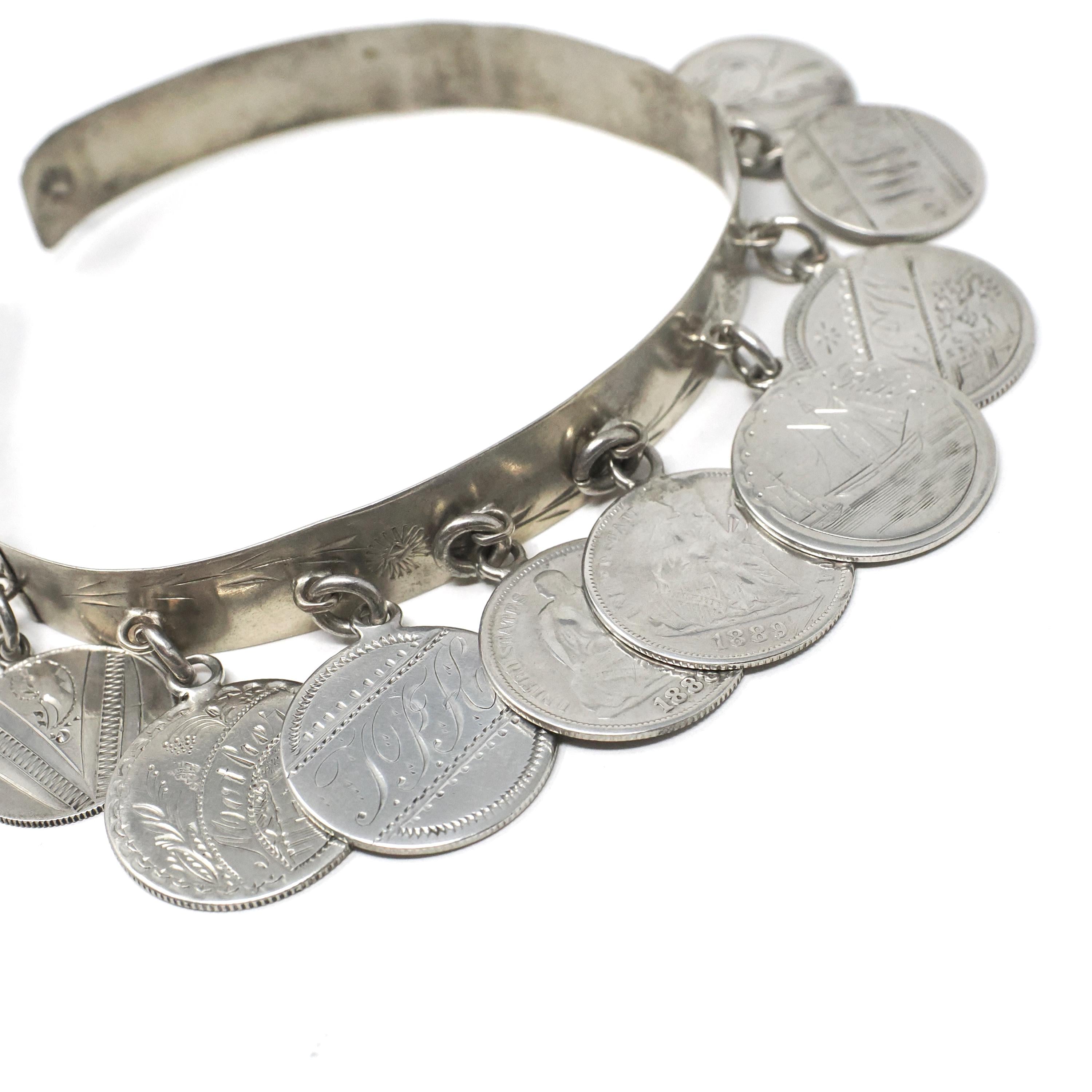 Victorian Love Token Charm Bracelet - Antique Silver Engraved Coin Bangle - Vintage Late 1800s Era Dangling Adjustable Keepsake Name Jewelry