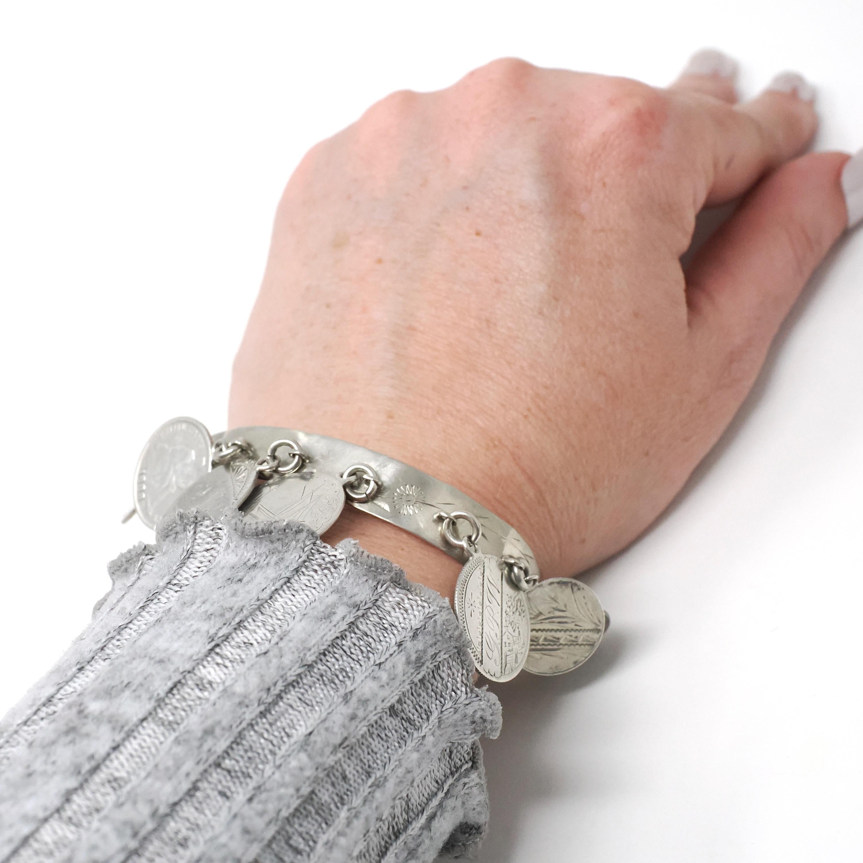 Victorian Love Token Charm Bracelet - Antique Silver Engraved Coin Bangle - Vintage Late 1800s Era Dangling Adjustable Keepsake Name Jewelry