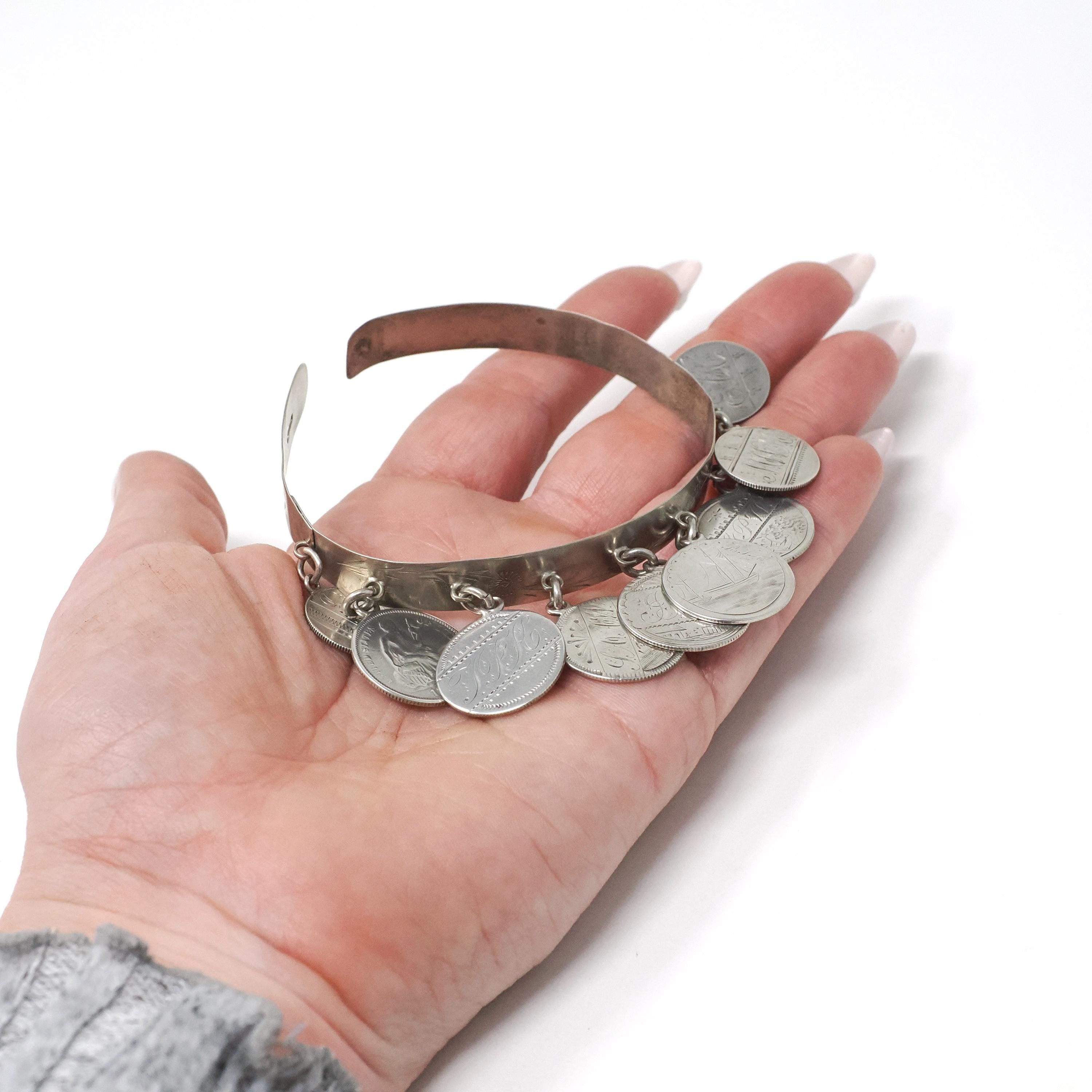 Victorian Love Token Charm Bracelet - Antique Silver Engraved Coin Bangle - Vintage Late 1800s Era Dangling Adjustable Keepsake Name Jewelry