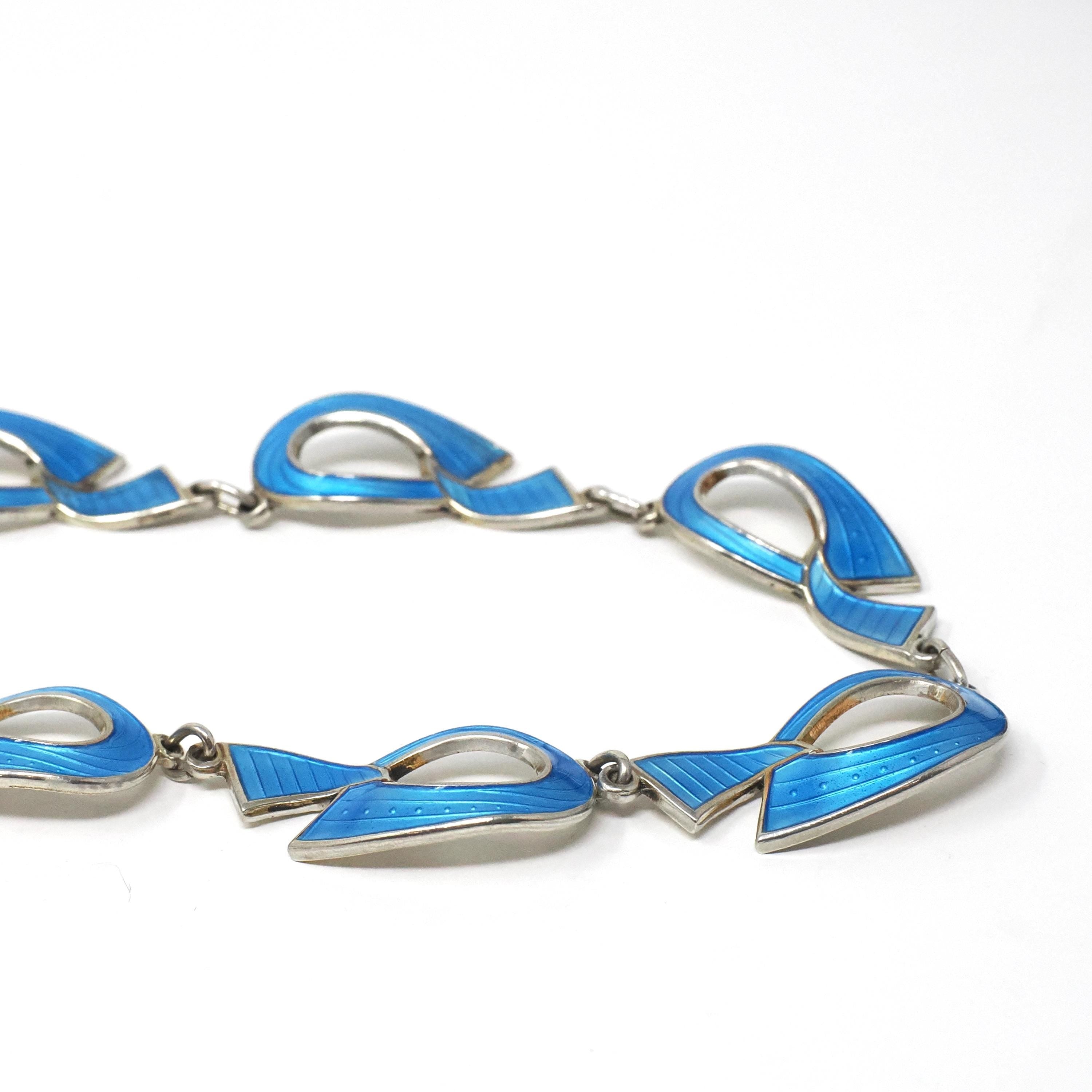 Mid Century Bracelet - Vintage Sterling Silver Light Blue Enamel Freeform Panels - Circa 1960s Era Knot Charms Spring Clasp Fine 60s Jewelry