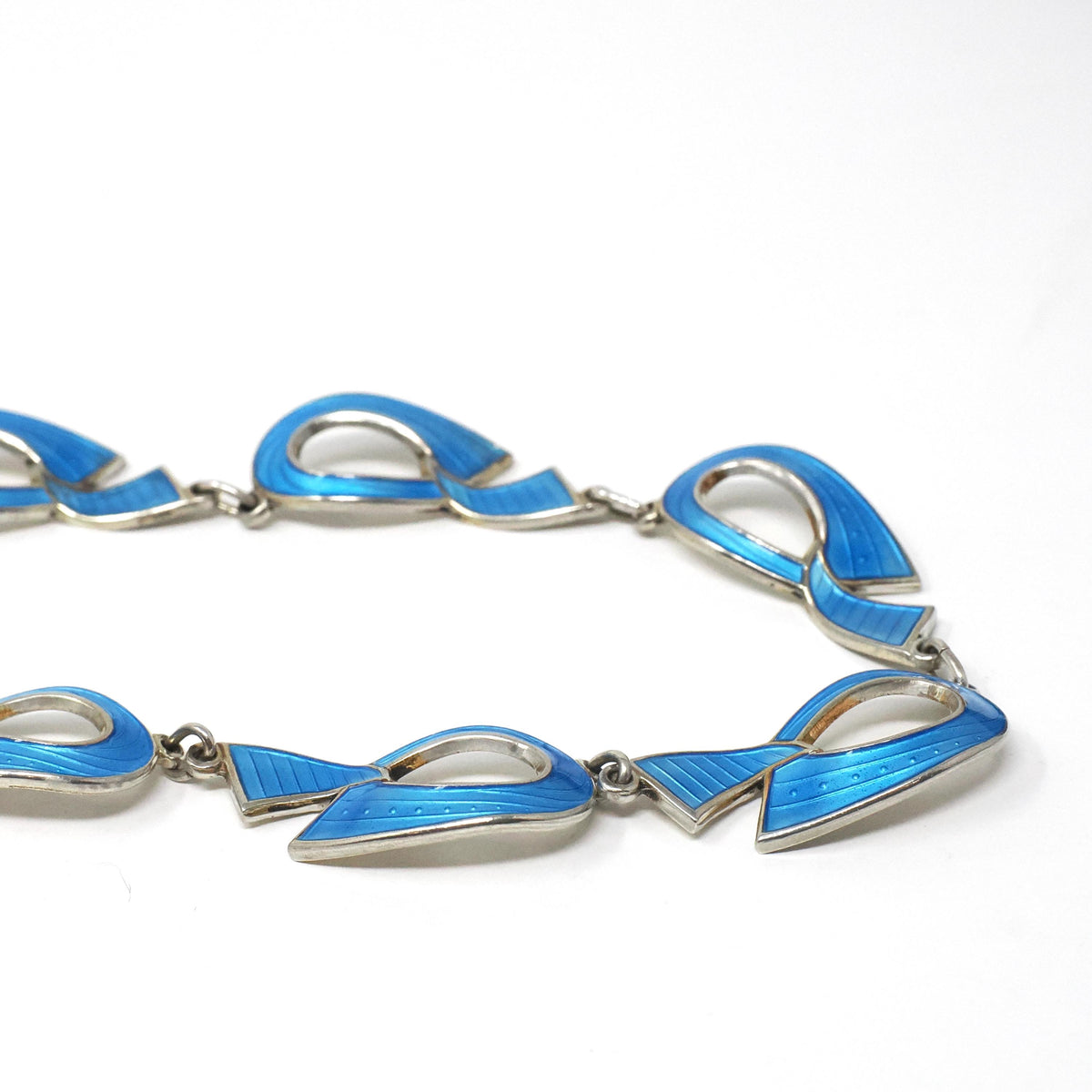 Mid Century Bracelet - Vintage Sterling Silver Light Blue Enamel Freeform Panels - Circa 1960s Era Knot Charms Spring Clasp Fine 60s Jewelry