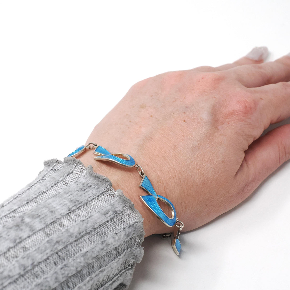 Mid Century Bracelet - Vintage Sterling Silver Light Blue Enamel Freeform Panels - Circa 1960s Era Knot Charms Spring Clasp Fine 60s Jewelry