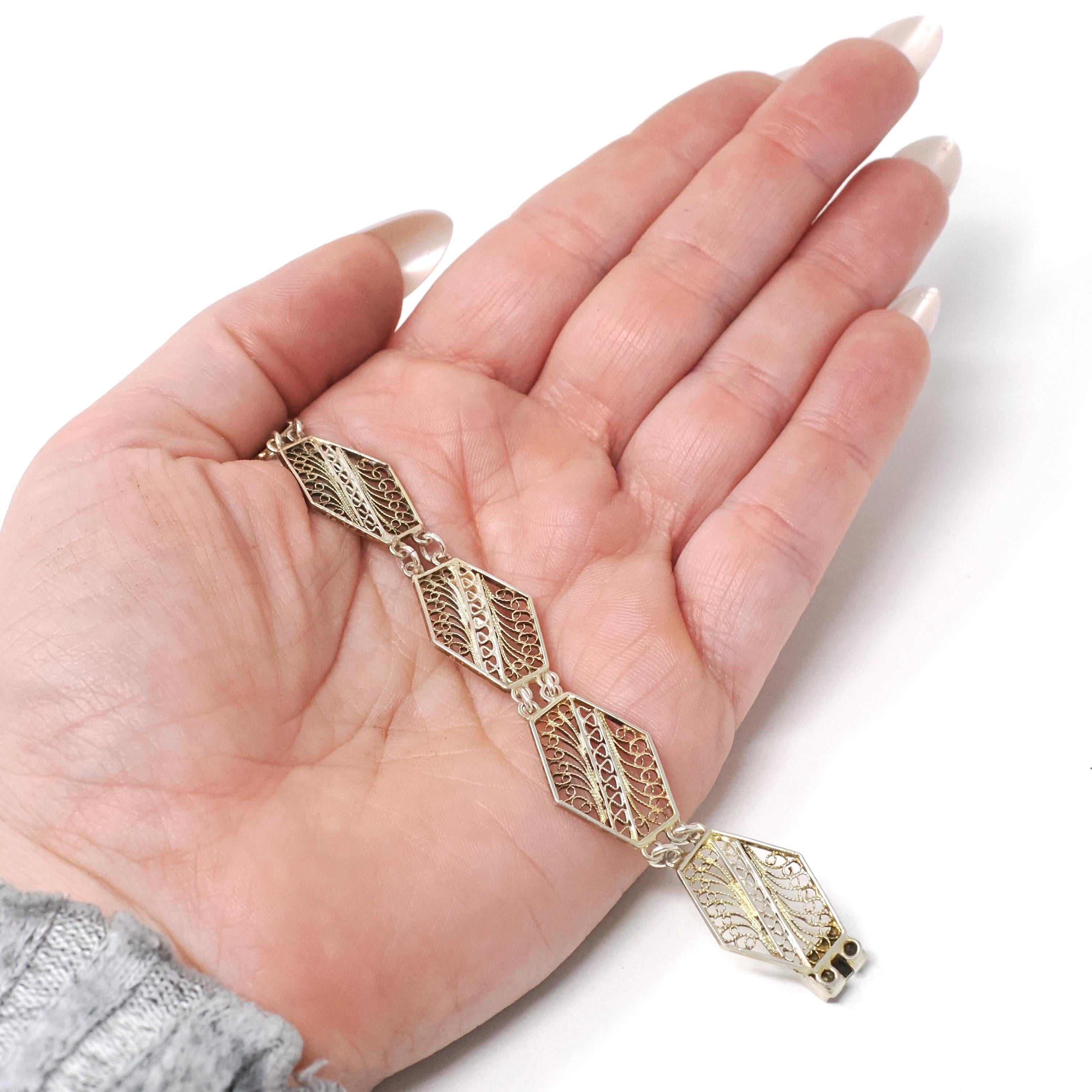 Vintage Filigree Bracelet - Mid Century Cannetille 800 Silver & Gold Wash Hexagonal Swirl Panel Links - Circa 1940s Patina Fashion Jewelry