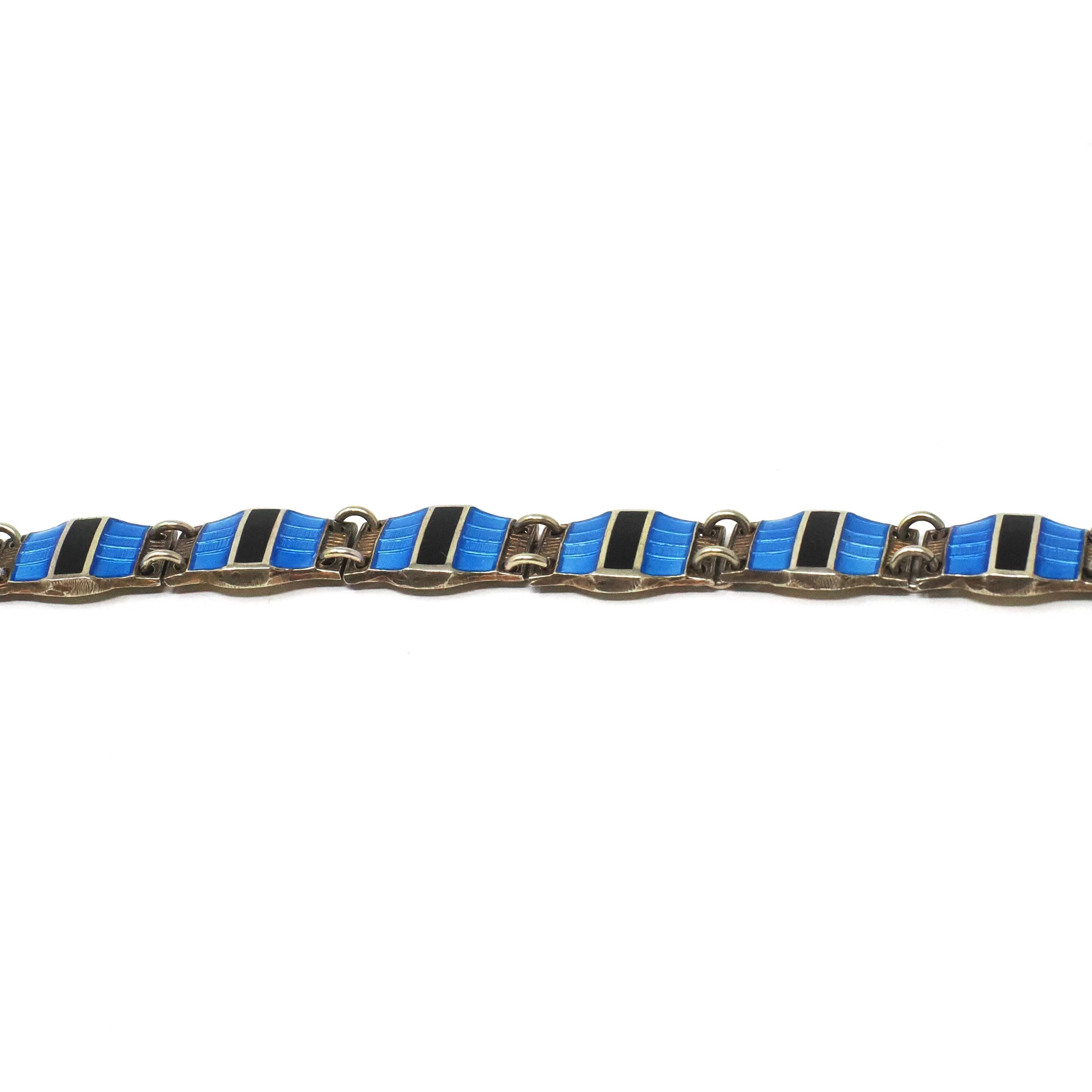 Guilloche Enamel Bracelet - Vintage Sterling Silver Blue & Black Geometric Linear Panels - Circa 1940s Signed Bernard Meldahl Danish Jewelry