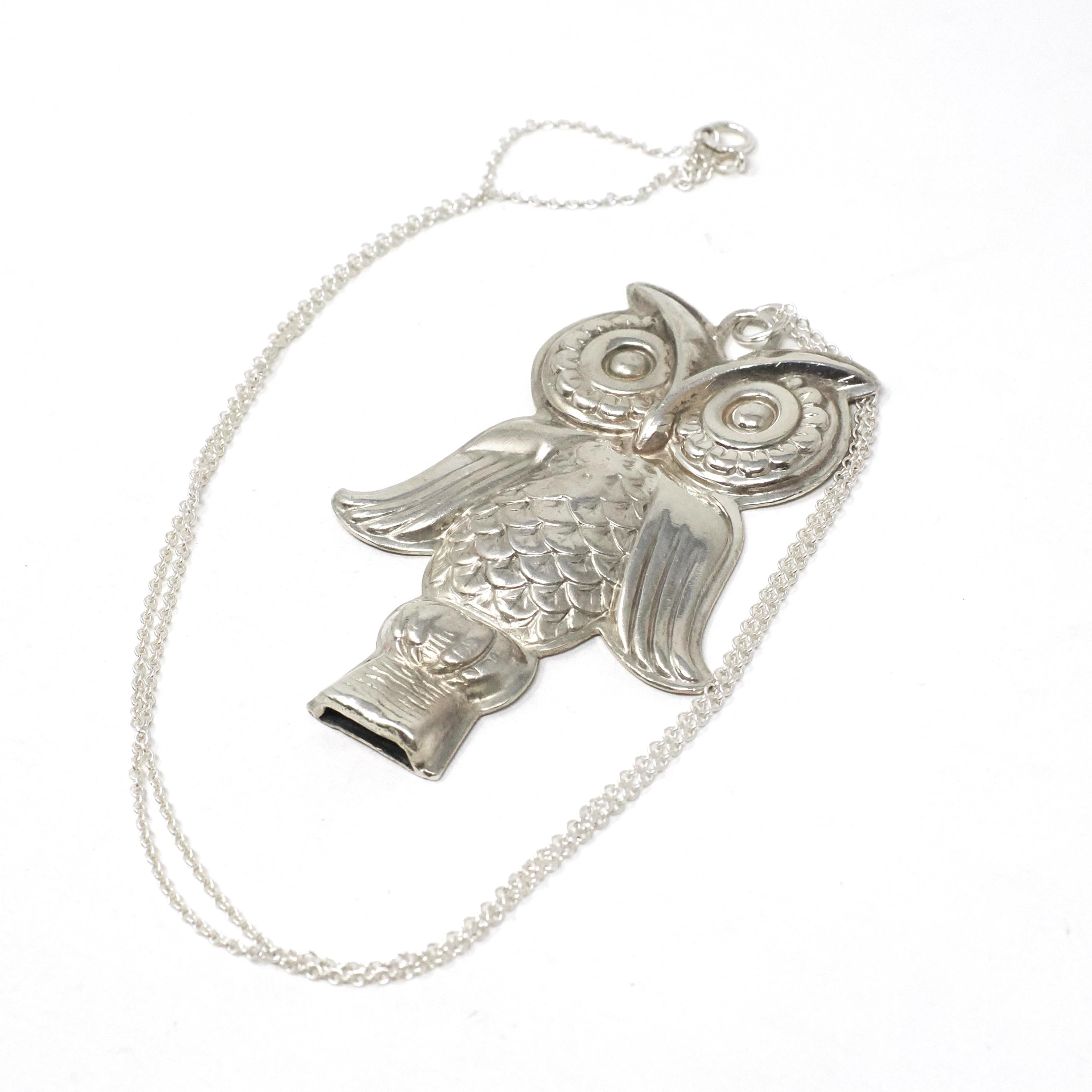 Owl Whistle Necklace - Retro Sterling Silver Figural Engraved Pendant Charm - Circa 1970s Era Wildlife Bird Signed Reed & Barton Jewelry
