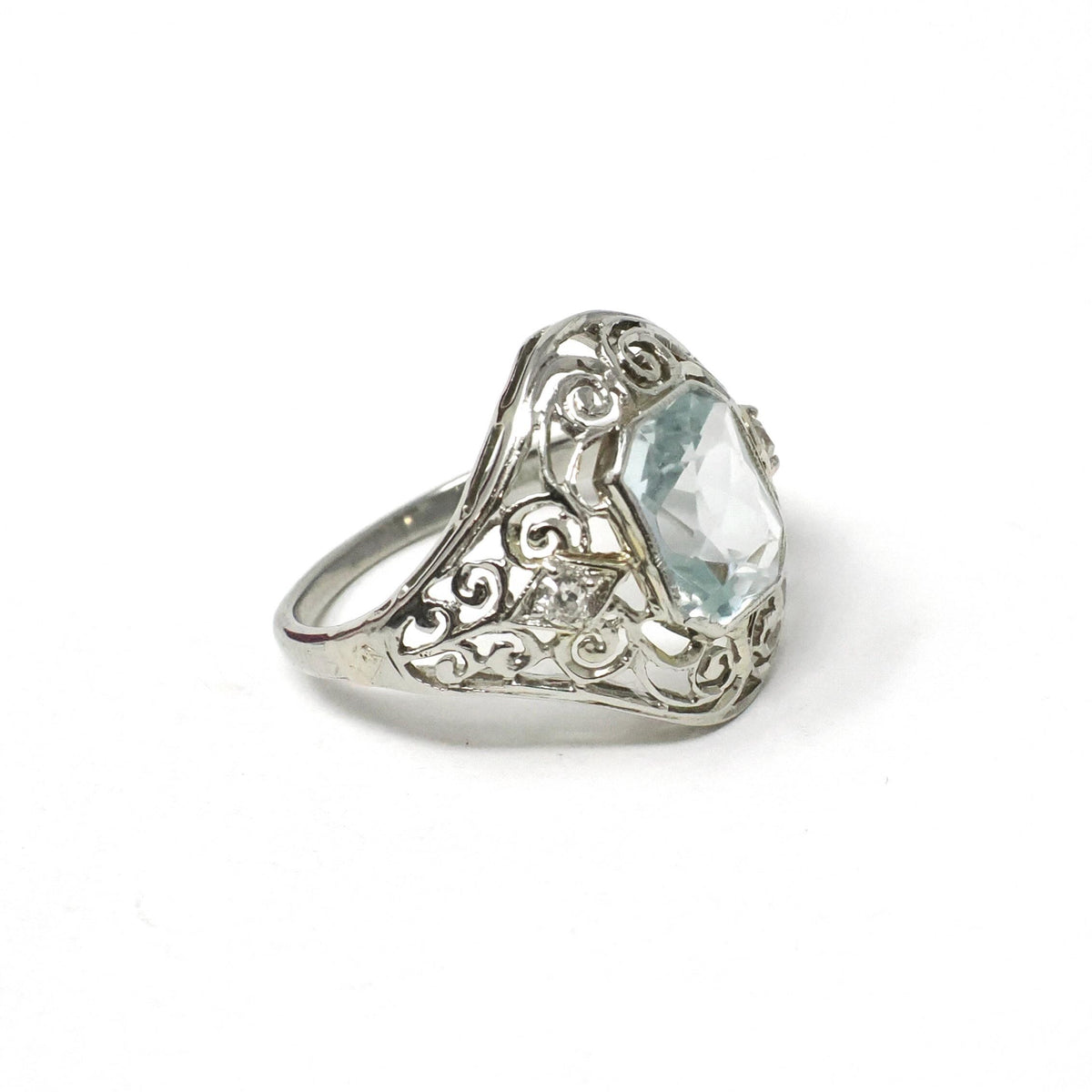 Art Deco Aquamarine Ring - Vintage 18k White Gold Handmade Natural Blue Gemstone - Circa 1930s Era Size 4 1/4 Filigree Diamond Fine Jewelry